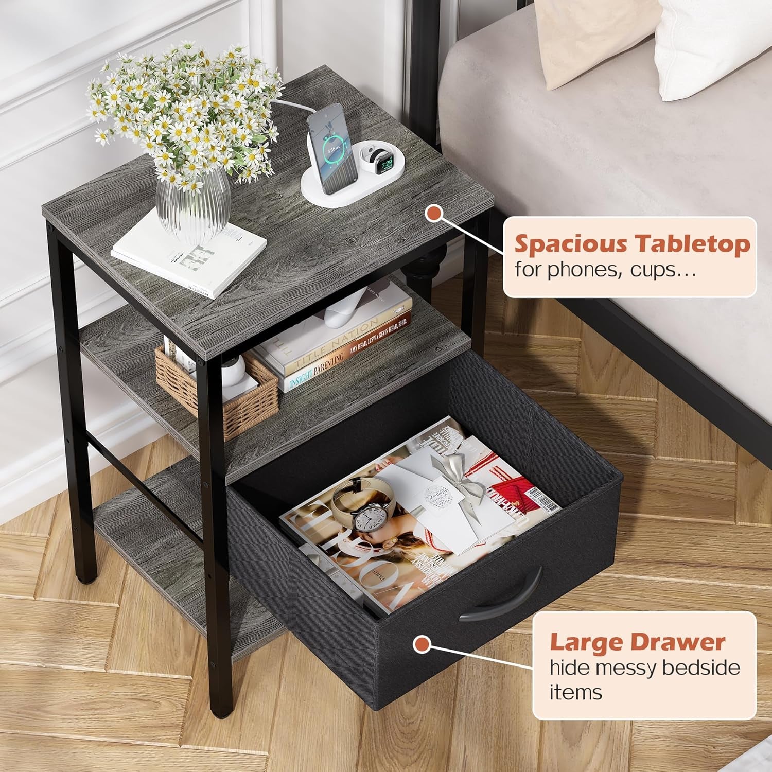 Charcoal Gray Nightstand with Charging Station and Adjustable Fabric Drawer, 3-Tier Storage End Table for Bedroom and Living Room