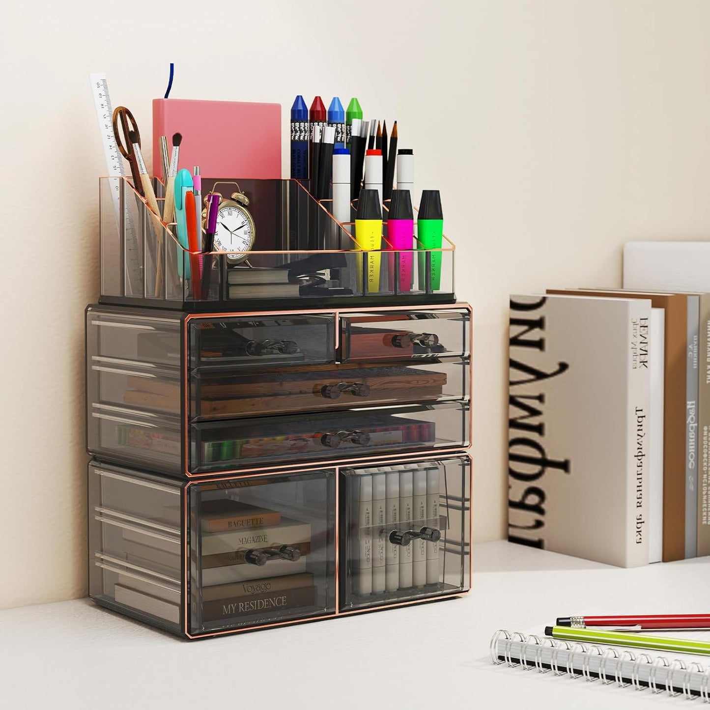 3-Tier 6-Drawer Makeup Organizer Countertop Cosmetic Organizer for Dresser and Vanity | Bathroom Organizers and Storage for Lipstick Brush Skincare Perfume, Nail Polish (Black + Gilded Borders)