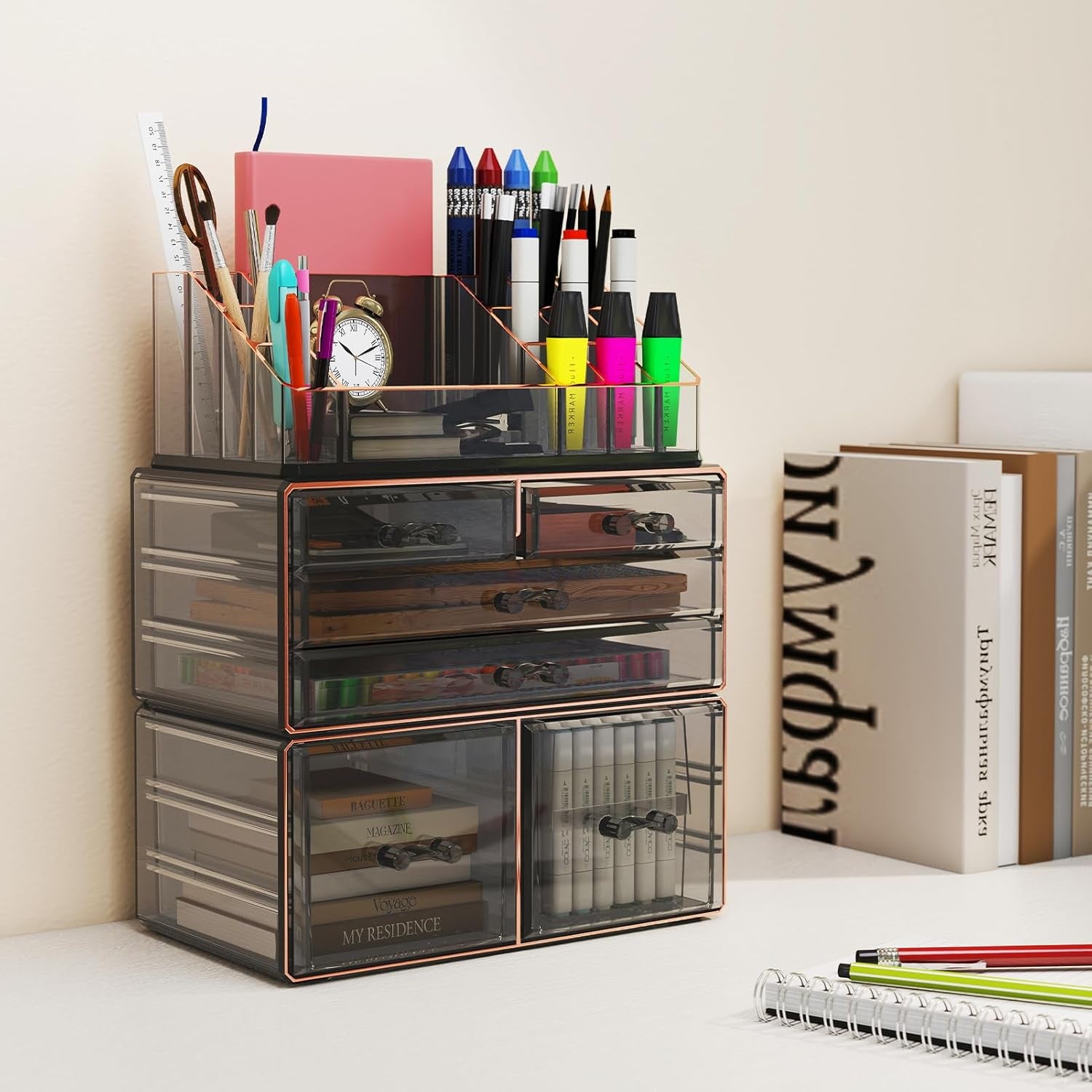 3-Tier 6-Drawer Makeup Organizer Countertop Cosmetic Organizer for Dresser and Vanity | Bathroom Organizers and Storage for Lipstick Brush Skincare Perfume, Nail Polish (Black + Gilded Borders)