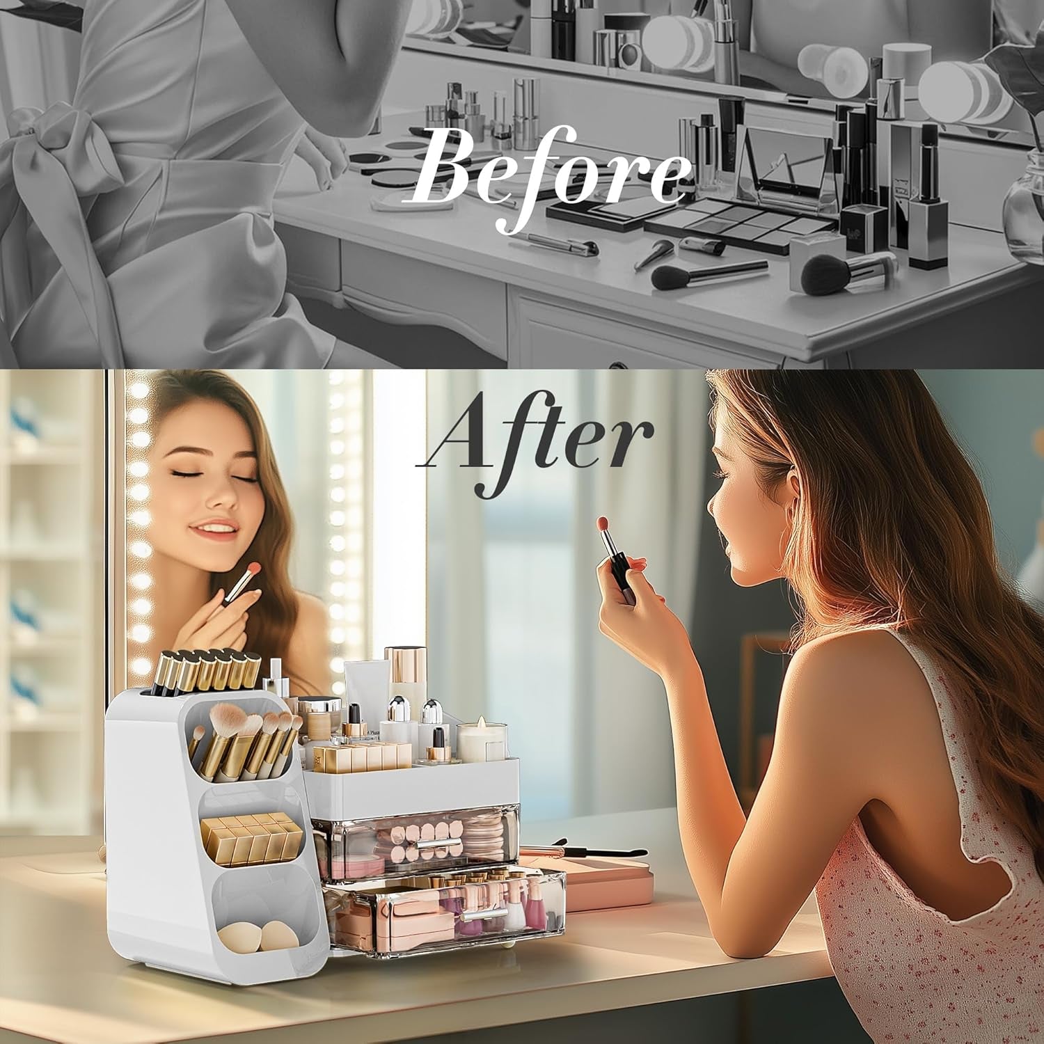 Makeup Organizer with Drawers for Vanity, Spacious Cosmetic Display Case with Makeup Brush Holder, Perfect Vanity Bathroom Organizer and Storage Solution for Skincare & Beauty Essentials, White