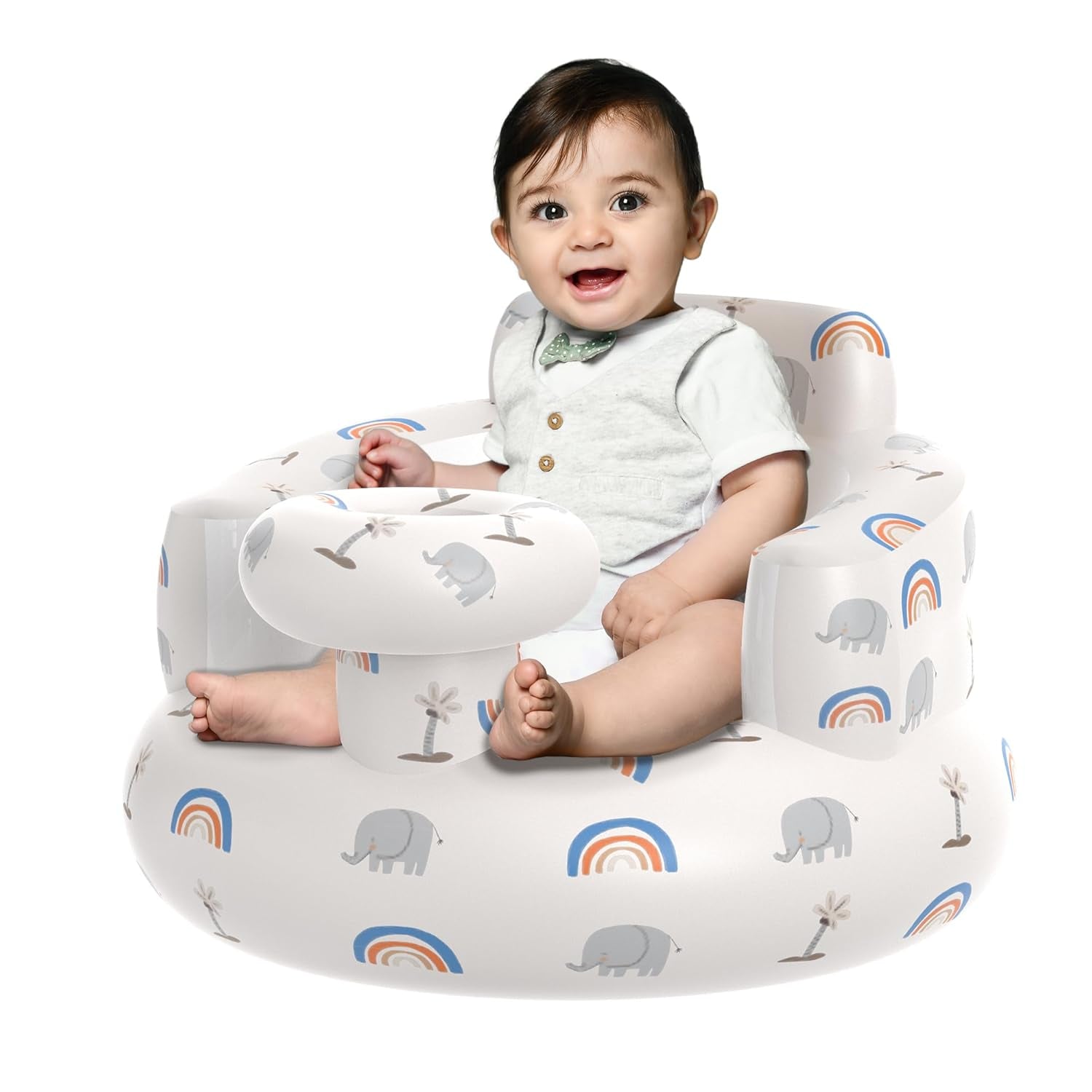 Inflatable Baby Floor Seat for Ages 3 Months and Up, Foldable Design with Integrated Air Pump, Portable and Adorned with Charming Patterns.