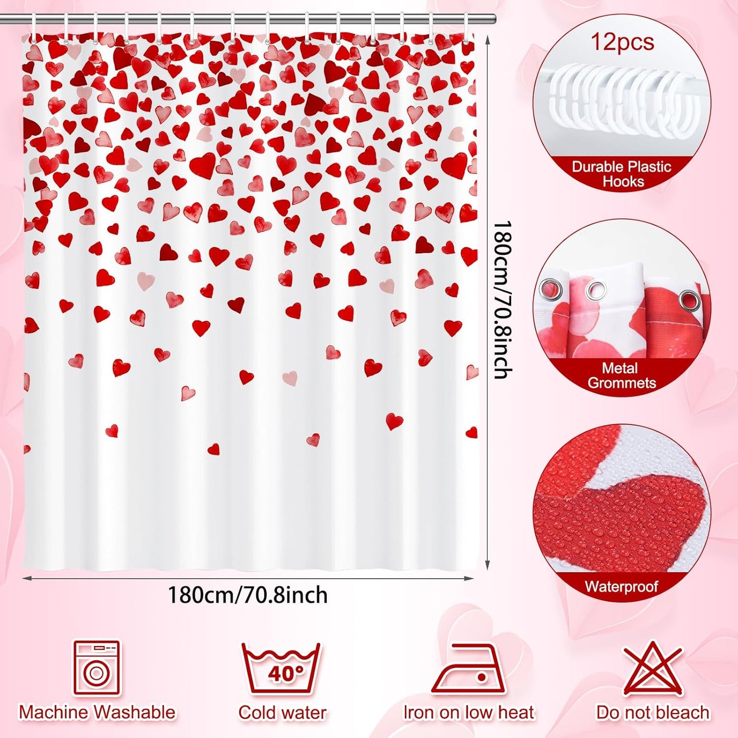71 X 71 Inches Valentines Day Shower Curtain Top with Pink and Red Love Heart Romantic Bathroom Curtain Waterproof Polyester Curtain Hooks Set for Valentine'S Day Bathroom Decorations
