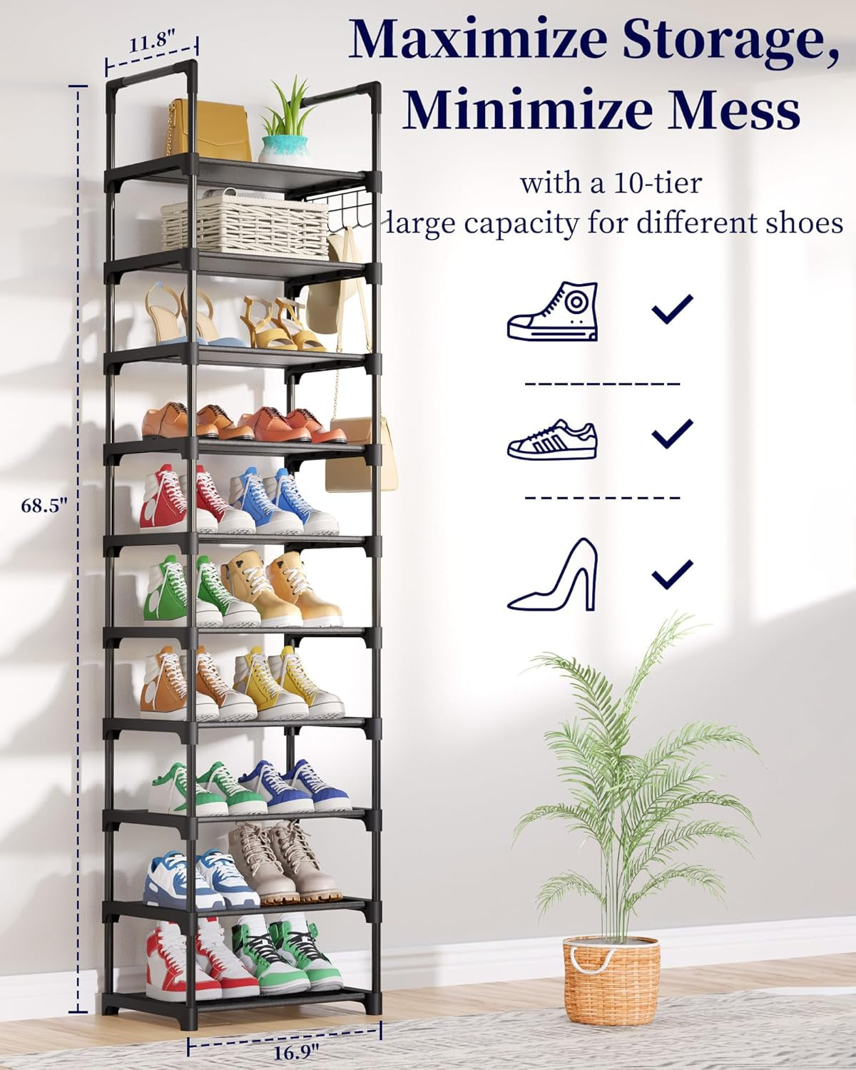 Shoe Rack - 10-Tier Shoe Organizer with Detachable Fabric Shelves & Metal Frame, Tall Shoe Rack for Closet, Entrance, Living Room, 16.9" X 11.8" X 68.5", Black