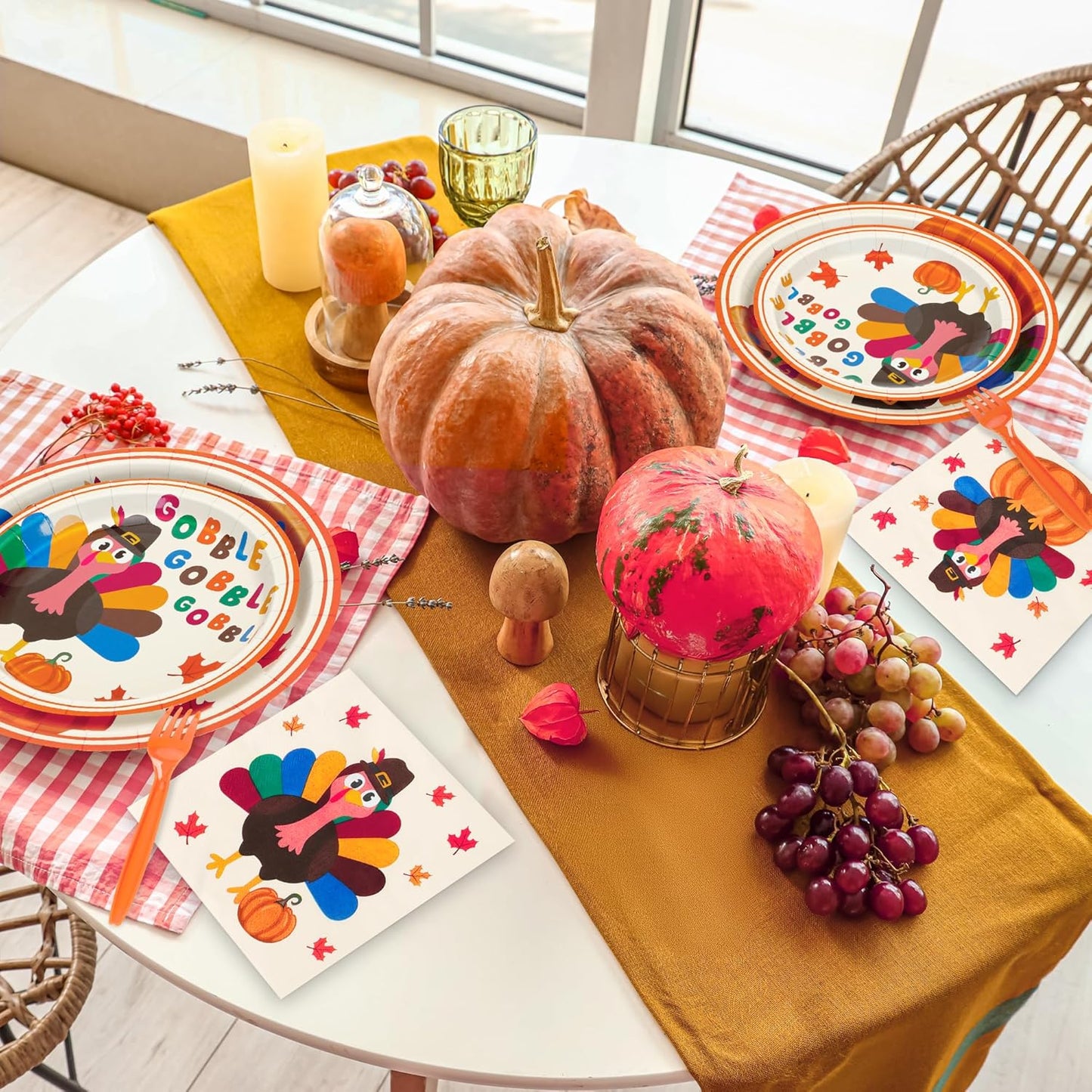 120 PCS Thanksgiving Plates and Napkins, Disposable Thanksgiving Paper Plates, 9" and 7" Fall Party Tableware, round Turkey Pumpkins Decorations for Harvest Banquet Decor Holiday Party Supplies