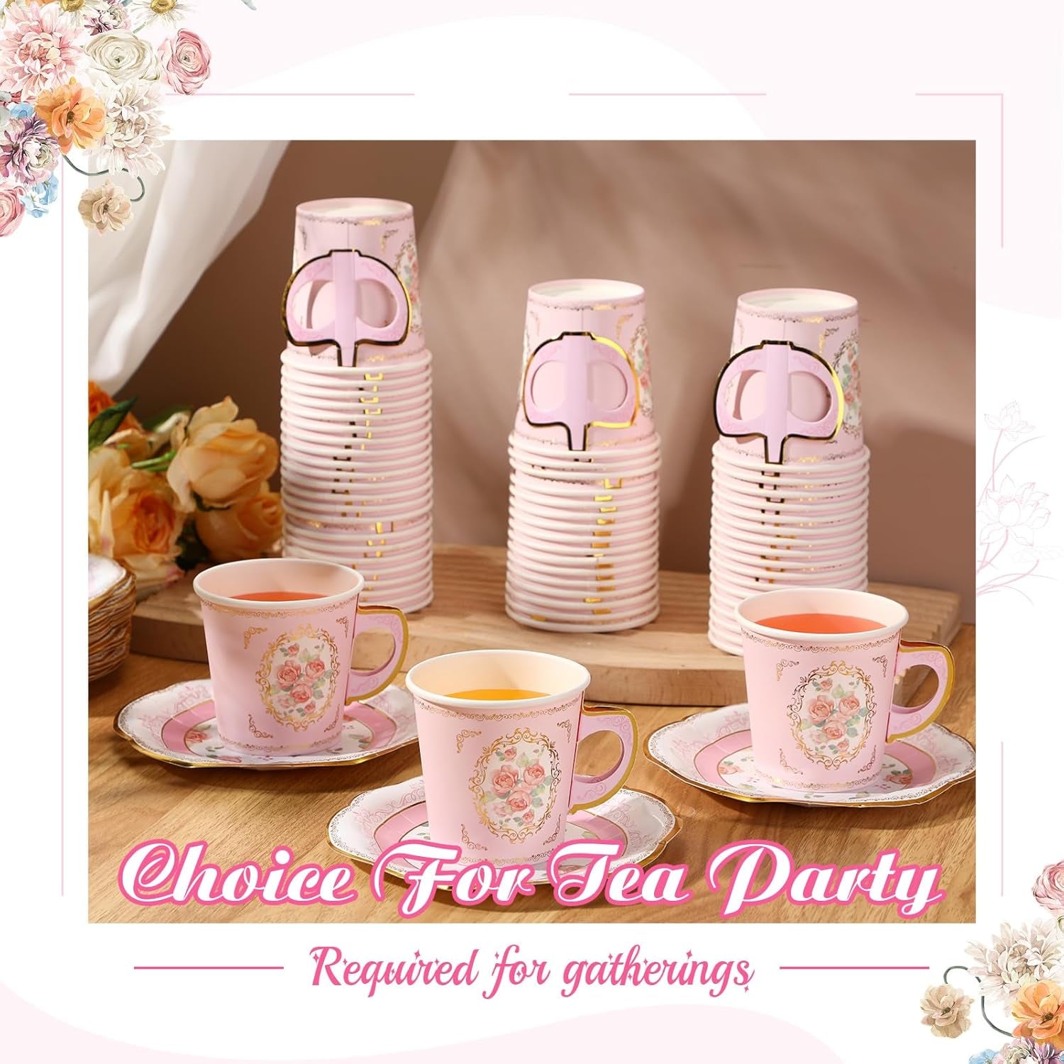60 Sets of Floral Paper Tea Party Decorations - 6.5 Oz Disposable Teacups with Handles and Saucers for Hot and Cold Beverages - Pink Rustic Design for Birthday Celebrations