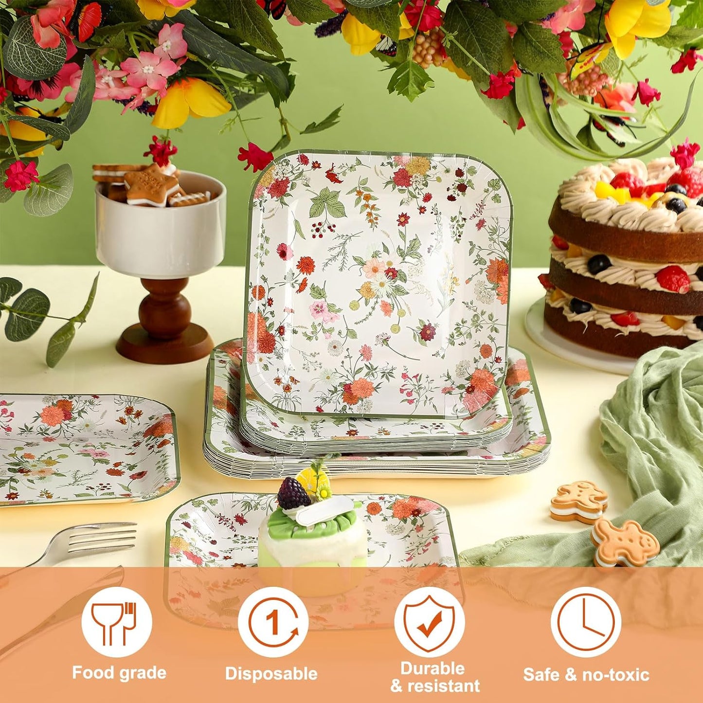 100-Piece Floral Disposable Paper Plate Set - 9'' Dinner Plates and 7'' Square Dessert Plates for Weddings, Birthdays, Baby Showers, and Parties (Green, Pastel Wildflower)