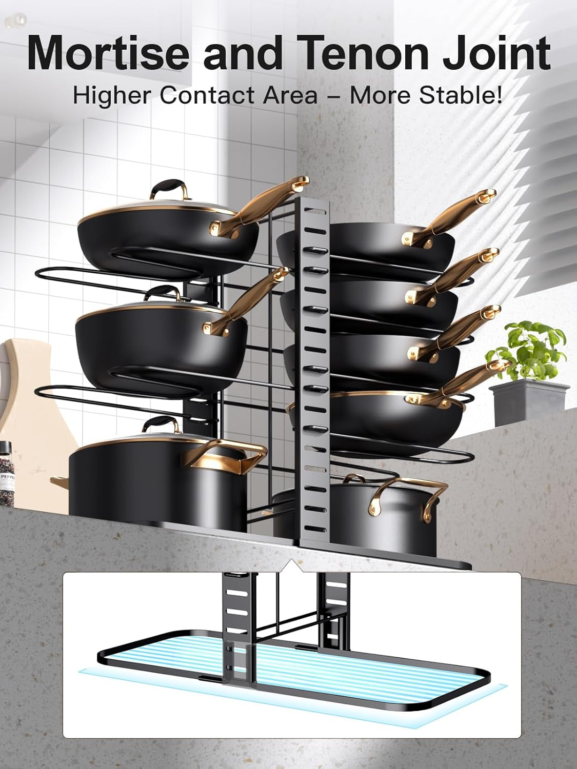 Pots and Pans Organizer Rack under Cabinet 14.55In Height, 8-Tier Kitchen Cabinet Organizers and Storage, Light-Duty Adjustable Pot Racks, Pan Organizers inside Cabinet with 3 DIY Methods