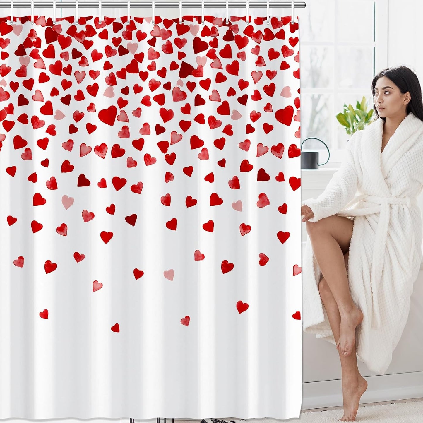 71 X 71 Inches Valentines Day Shower Curtain Top with Pink and Red Love Heart Romantic Bathroom Curtain Waterproof Polyester Curtain Hooks Set for Valentine'S Day Bathroom Decorations