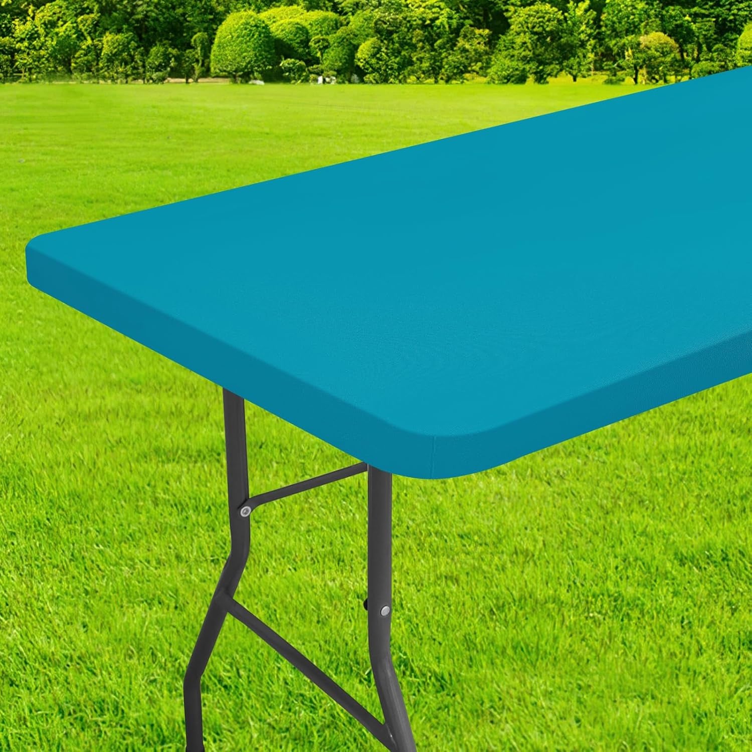 Rectangle Table Cloth Cover, Waterproof Polyester Elastic Fitted Tablecloth, Fits for 6 Foot Folding Tables, Washable Table Protector for Picnic, Camping, Outdoor (Teal, 30" X 72")
