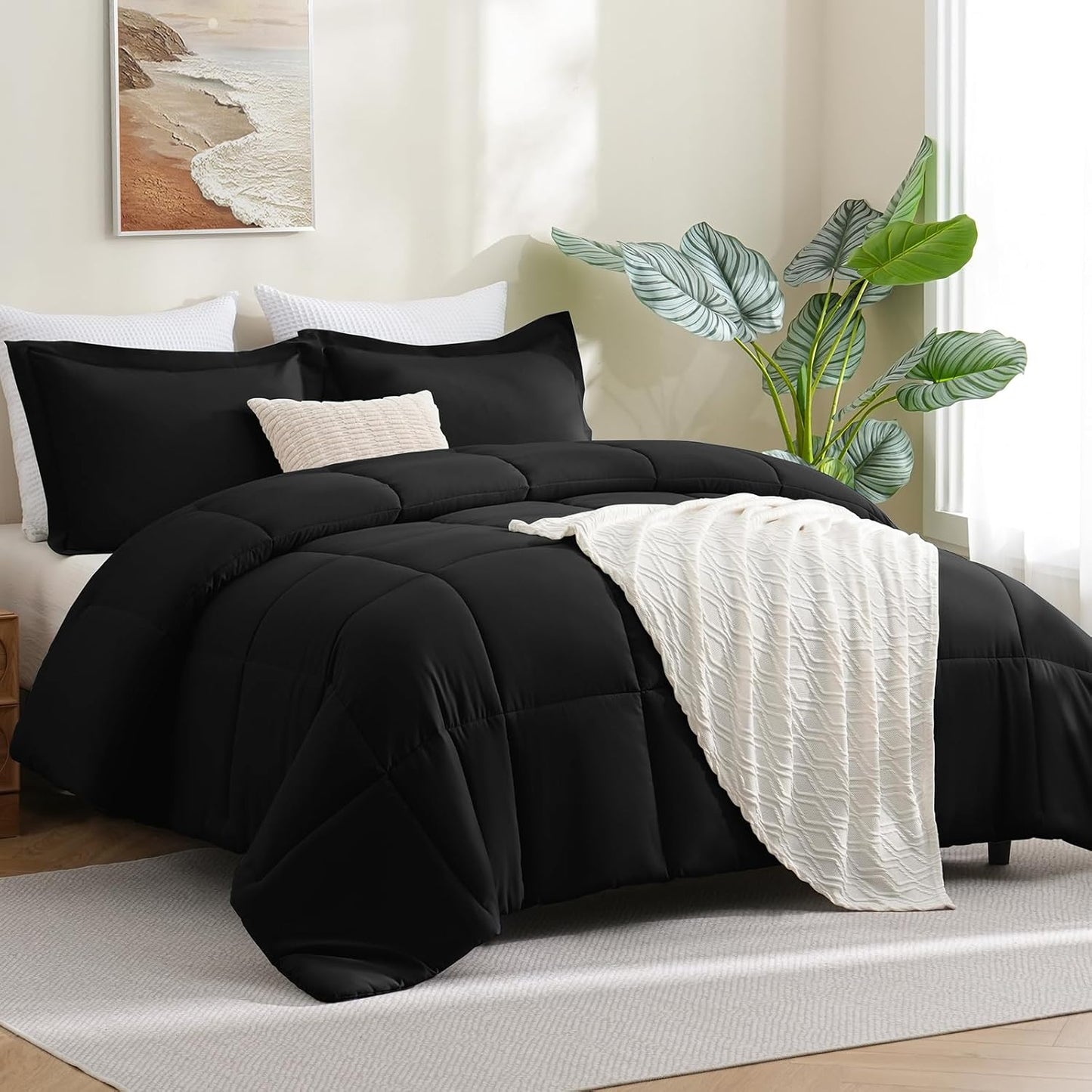 Queen Comforter Set Black - 3 Pieces Box Stitched Comforters Queen Size, Soft Bed Set for All Seasons, Lightweight Bedding Sets with 1 down Alternative Comforter and 2 Pillow Shams