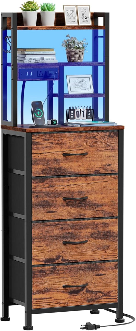 Tall Nightstand with LED Charging Station, USB Ports, Four Fabric Drawers, and Four-Tier Storage Shelf - Rustic Brown Bedside Table for Bedroom, Home, Dorm, and Office