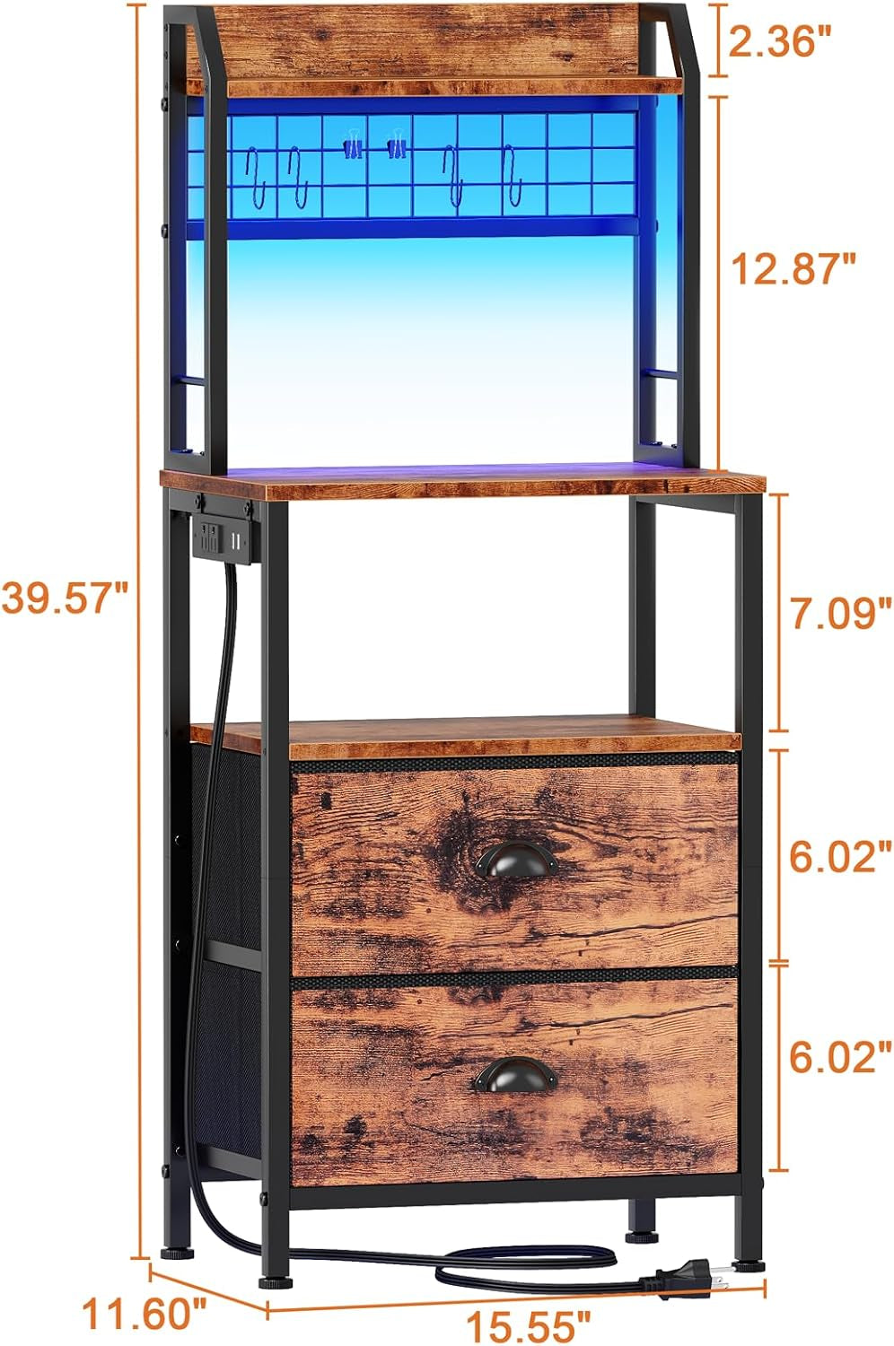 40'' Tall Nightstand with Charging Station, Bedside Table with LED Lights, End Table with 2 Drawers and Storage Shelves, Night Stand with Pegboard for Bedroom, Rustic Brown