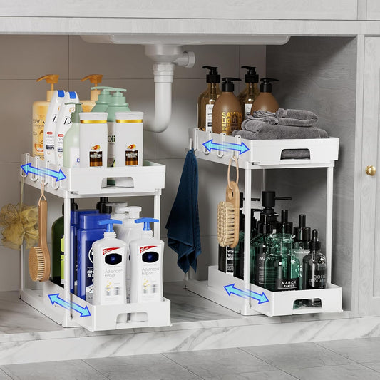 under Sink Organizers and Storage, 2 Pack Pull Out Kitchen Bathroom Cabinet Organizer, 2 Tier White under Sink Storage for Bathroom Kitchen, under Counter Storage Organizer with 8 Hooks