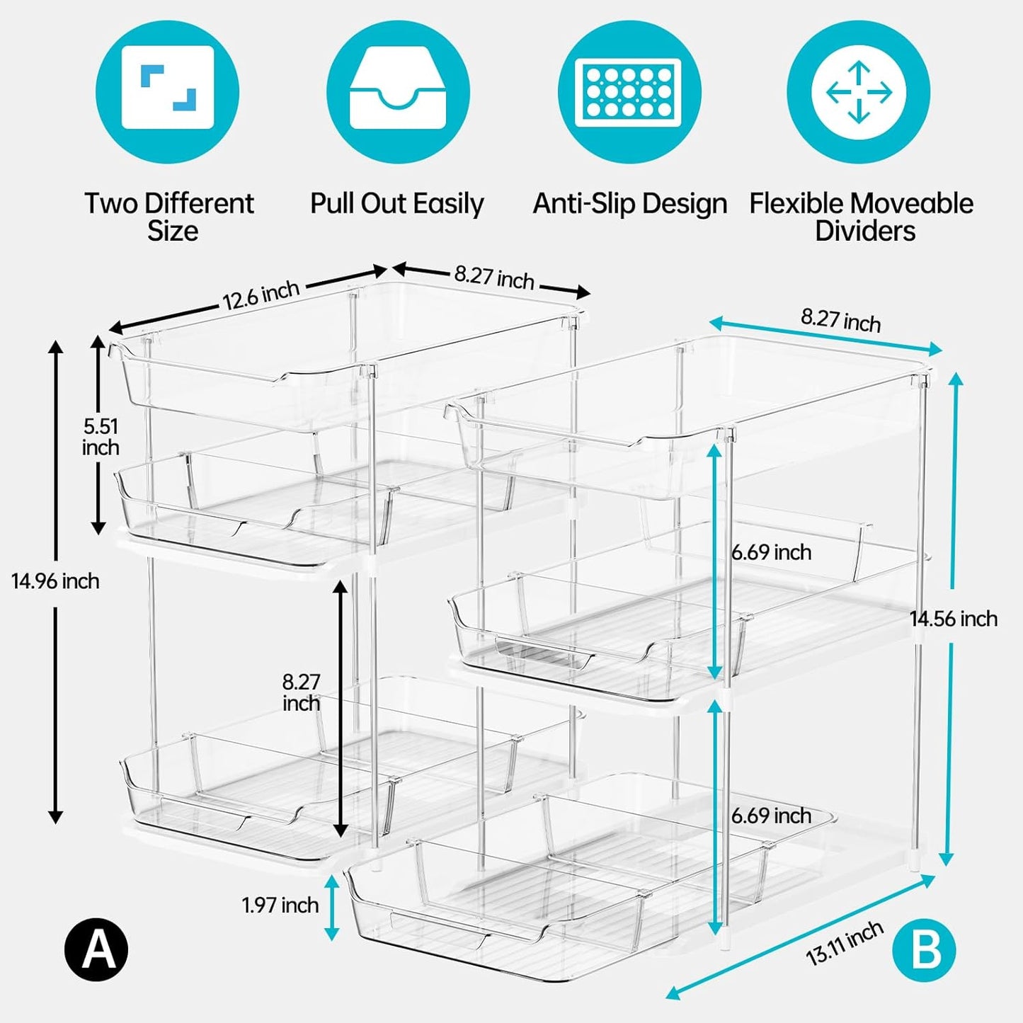 2 Sets of 3-Tier Bathroom under Sink Organizers and Storage, Multi-Purpose Stackable Pantry Organization and Storage, Pull Out Clear Kitchen Bathroom Cabinet Organizer with Movable Dividers