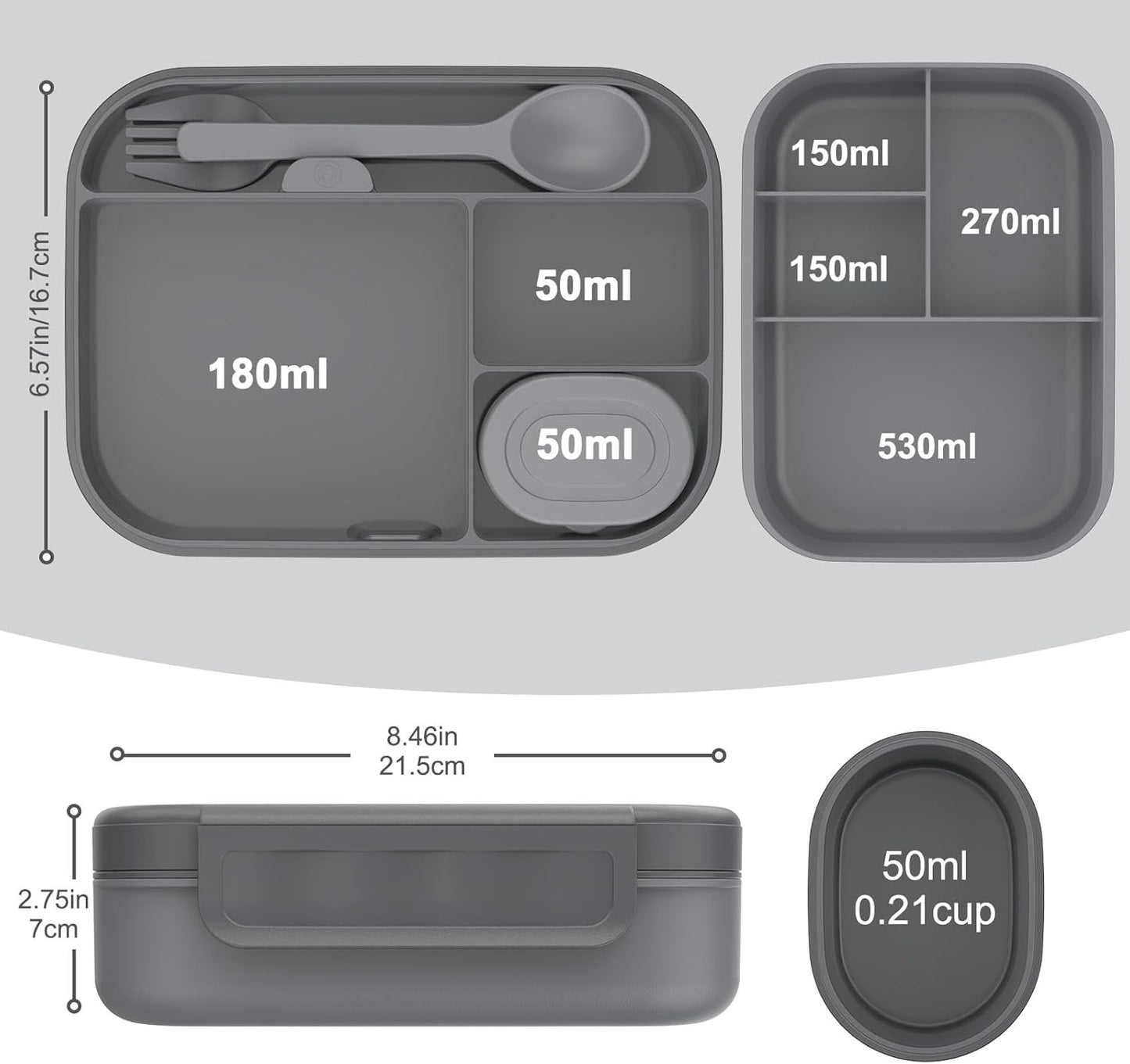 Stackable Bento Lunch Box for Adults and Teens - Durable Leak-Proof 4-Compartment Container with Utensils and Sauce Container, BPA-Free, Dishwasher and Microwave Safe, 47 Oz (Dark Gray)