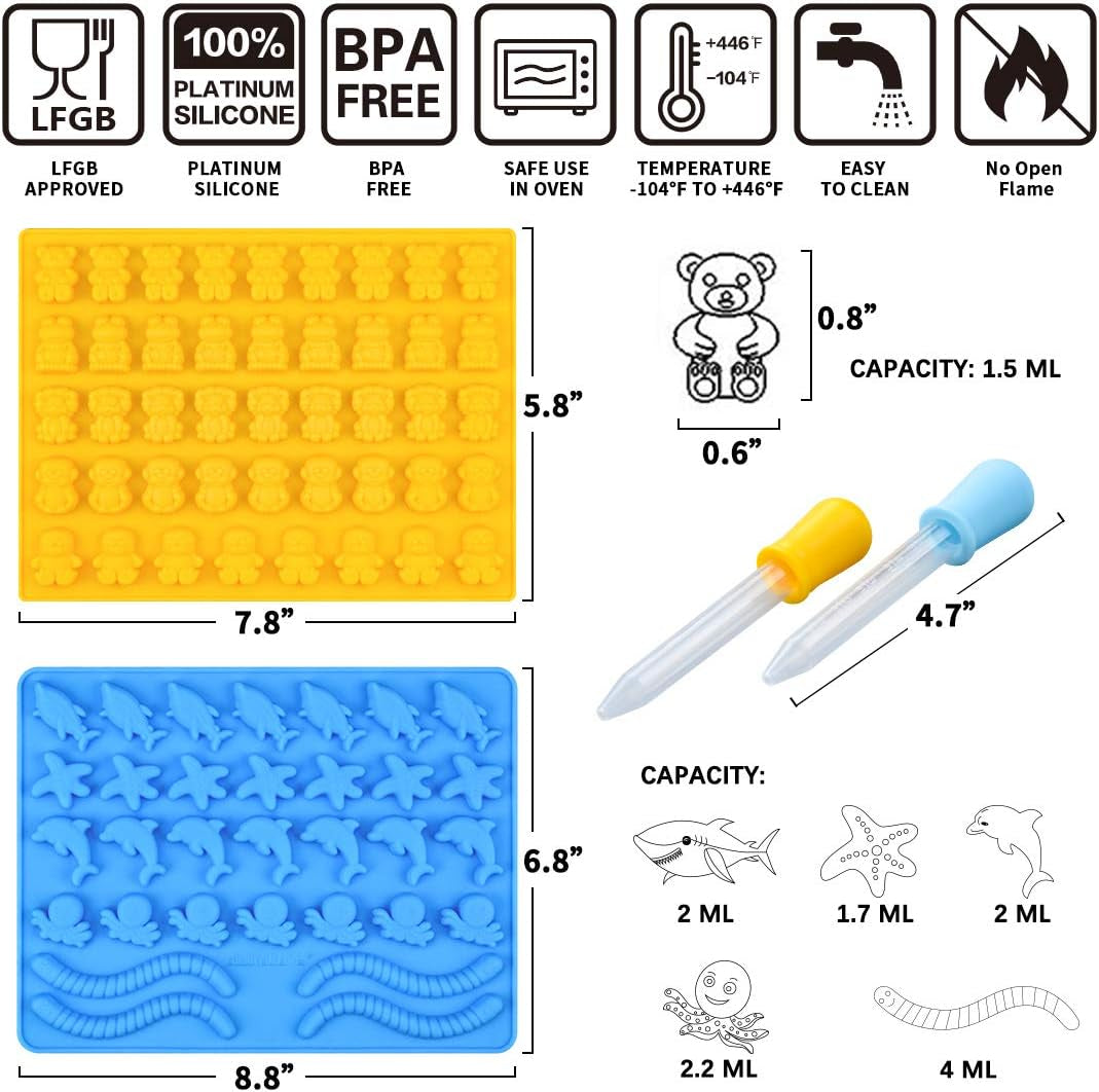 Gummy Bear Mold Candy Molds - Chocolate Molds Including Bears, Frogs, Lions, Monkeys, Penguins, Worms, Starfishs, Dolphins, Octopus, Sharks Sea Mold Set of 4 Silicone Molds