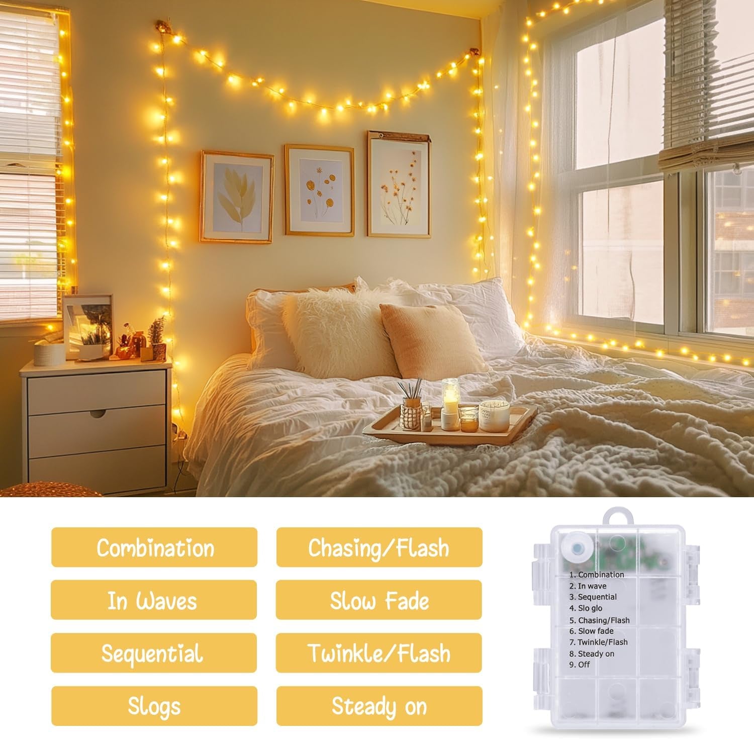 2 Pack Battery Operated String Lights with Remote, Total 66Ft 200 LED Classroom Lights, Battery Christmas Light Outdoor Indoor for Bedroom Classroom Dorm Yard Tree Party Decor(Warm White)