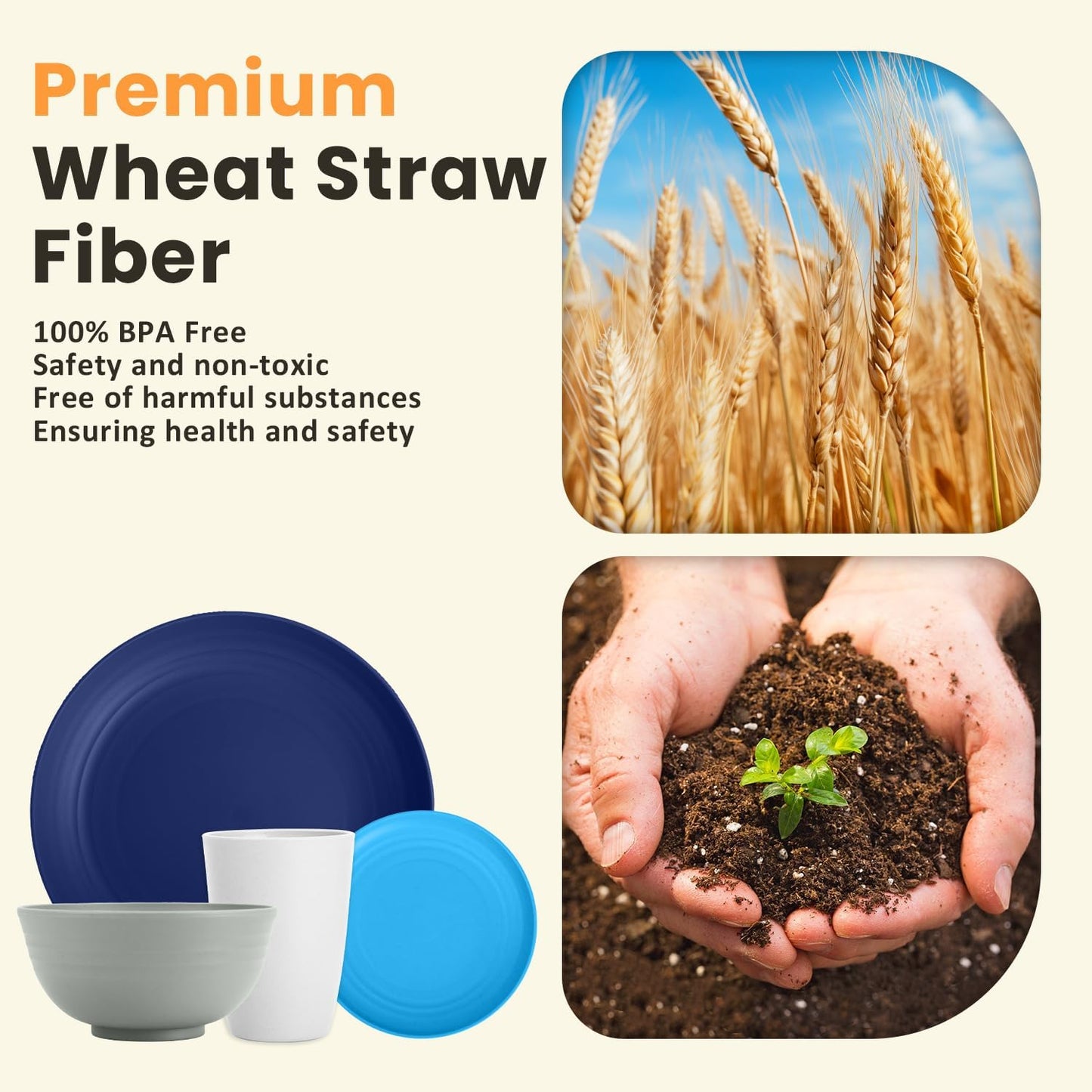 32-Piece Unbreakable Wheat Straw Dinnerware Set - Microwave and Dishwasher Safe Lightweight Plates and Bowls for Kitchen, Camping, and Parties - Island Series