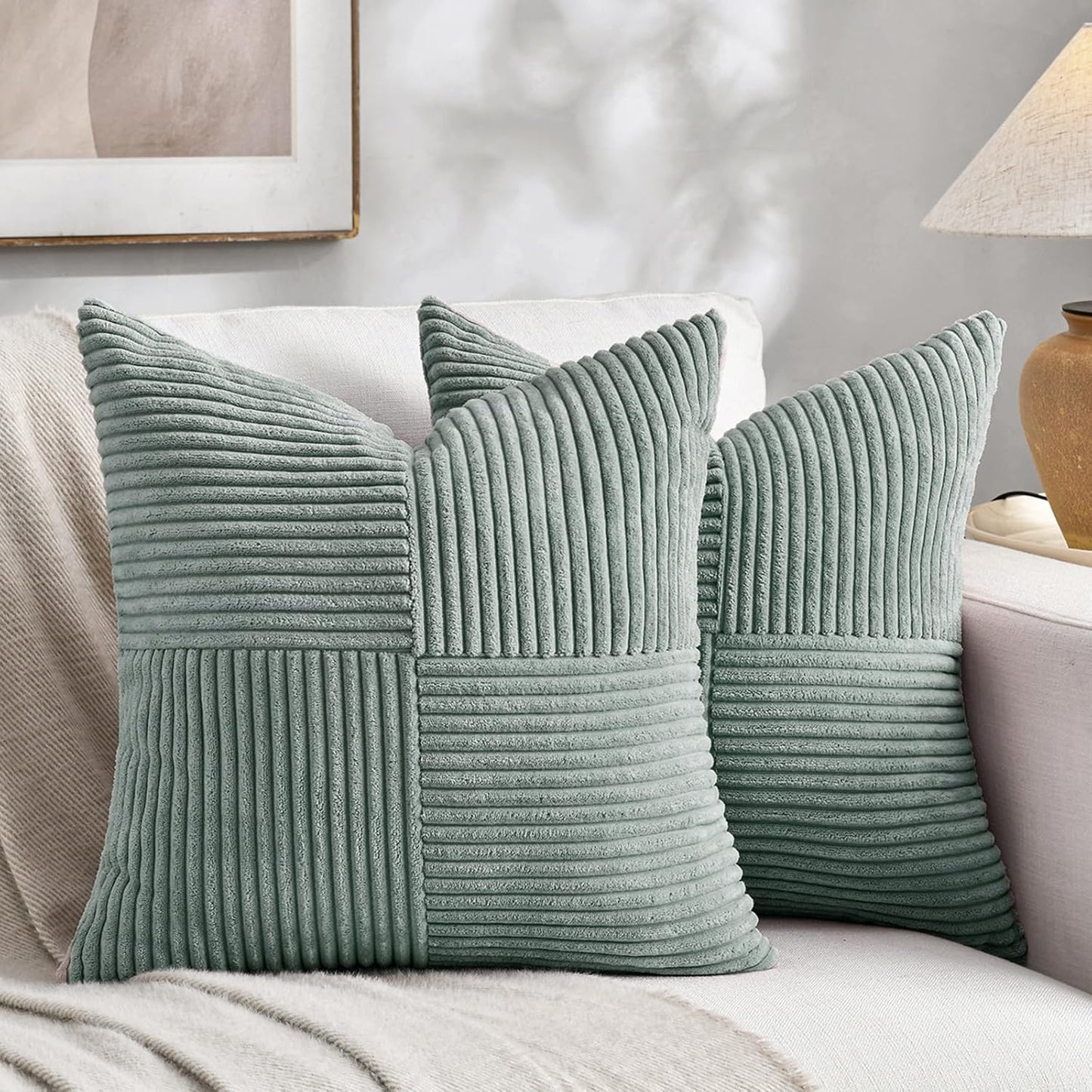 2 Packs Grey Blue Decorative Throw Pillow Covers 18X18 Inch for Couch Bed Sofa, Rustic Boho Farmhouse Home Decor, Soft Corss Corduroy Patchwork Textured Square Cushion Case 45X45 Cm