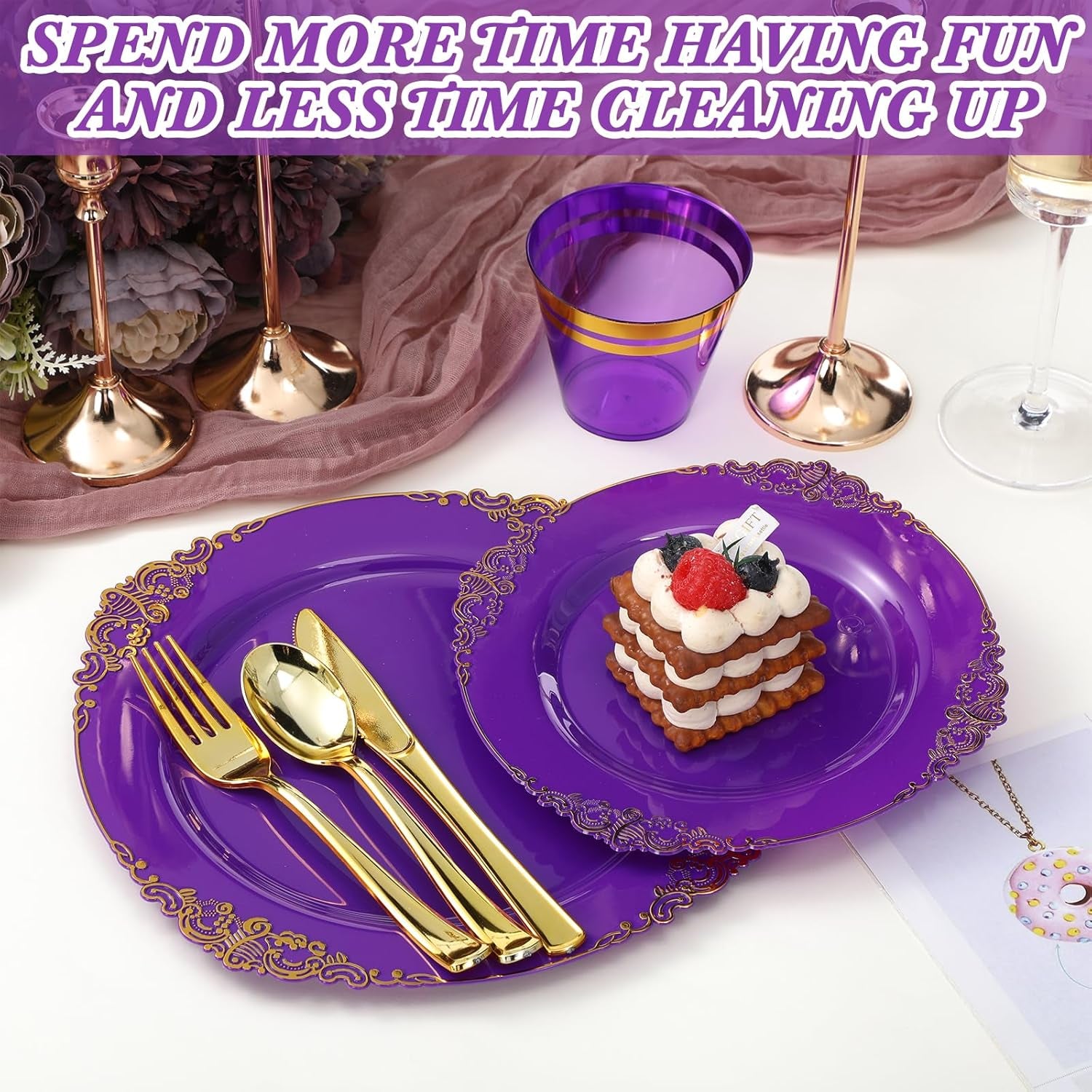 300-Piece Purple and Gold Plastic Dinnerware Set for 50 Guests - Includes Dinner Plates, Dessert Plates, Cutlery, and Cups for Weddings and Birthday Celebrations