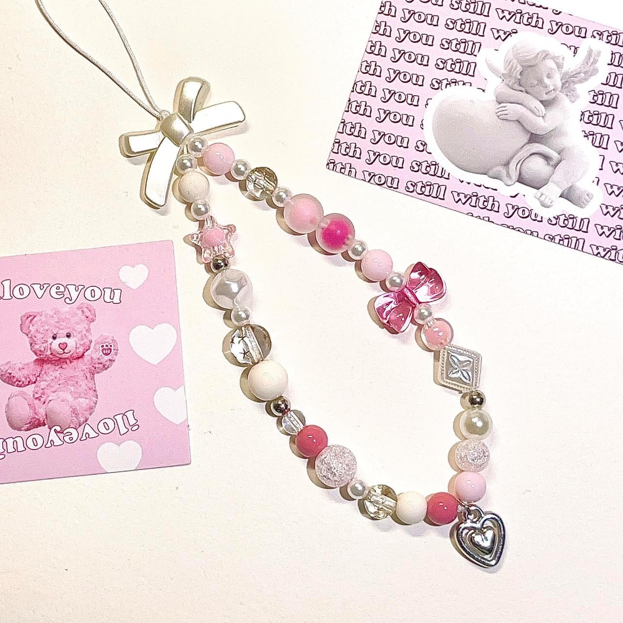 Pink Beaded Phone Charm Aesthetic Y2K Cell Phone Charms Strap Accessories for Keychain Camera