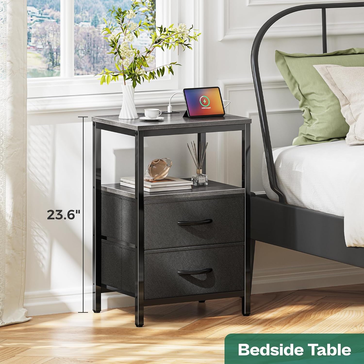 Charcoal Gray Nightstand with Integrated Charging Station, Fabric Drawers, Open Shelf, and USB Ports