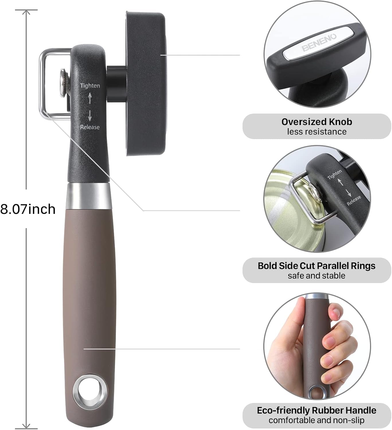 Can Opener, Manual Side Safe Cut Can Opener Smooth Edge with Durable Sharp Blade, Effort-Saving Knob & Comfortable Non-Slip Handle, Brown
