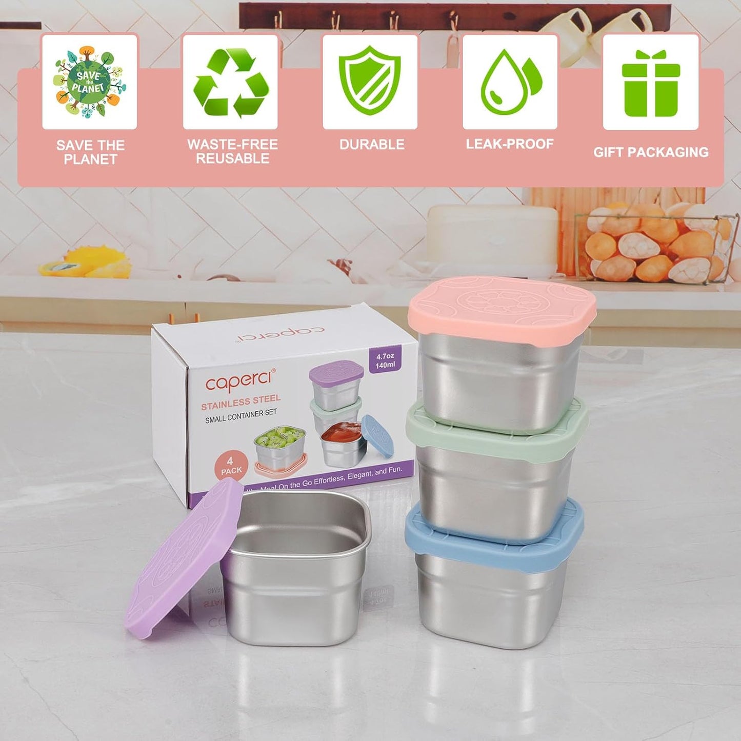 4-Pack Stainless Steel Snack Containers with Silicone Lids - 4.7Oz Reusable Small Food Containers for Snacks Condiments, Salad Dressing Container, Leak-Proof, Bpa-Free