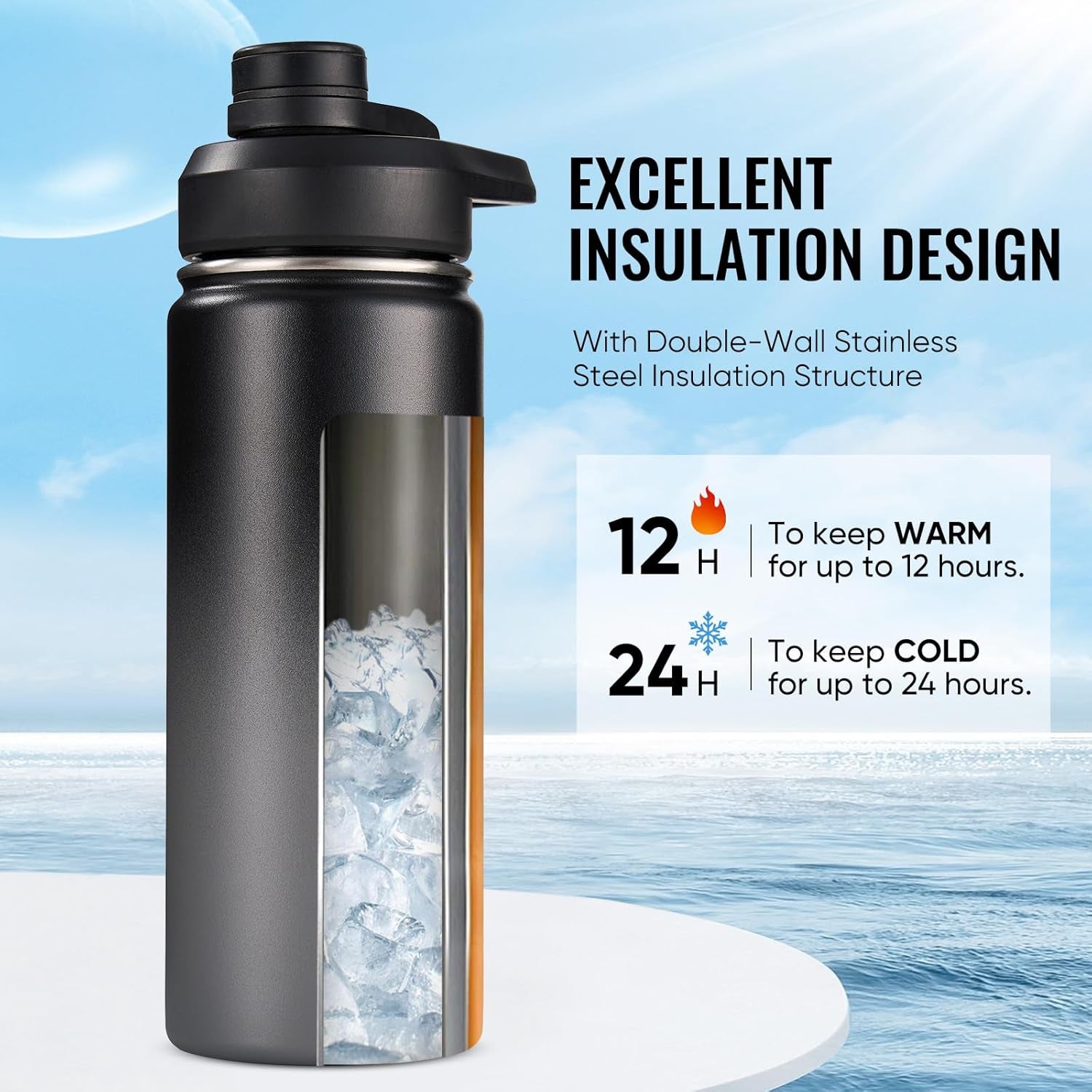 18 Oz Insulated Water Bottle with Handle, 304 Stainless Steel Water Bottles with Wide Mouth, Double Wall Vacuum Sports Water Bottle, BPA Free, Keep Cold and Hot, Black/Gray