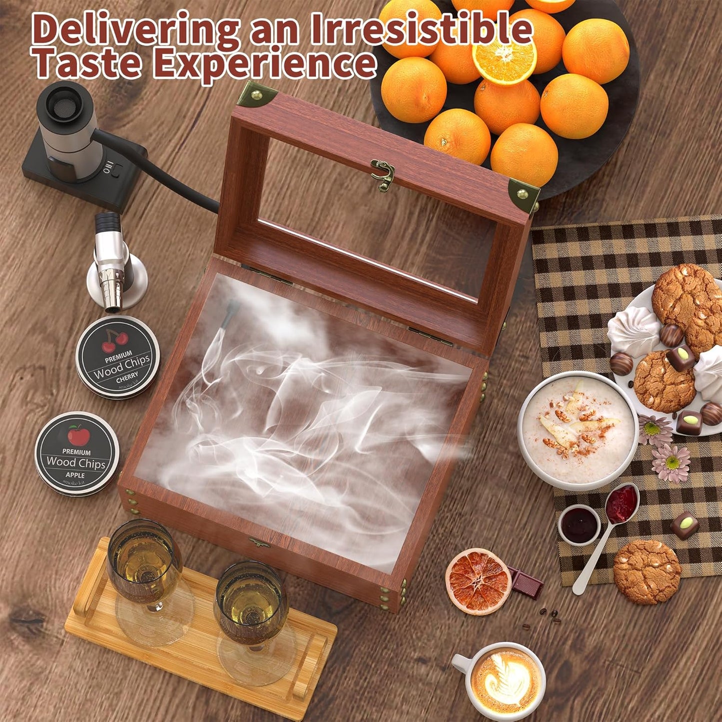 Cocktail Smoking Kit with Torch, Food Tray, and Apple & Cherry Wood Chips - Whiskey Infuser Set for Old Fashioned Drinks - Ideal Bourbon Gifts for Men (Excludes Butane and Cup)