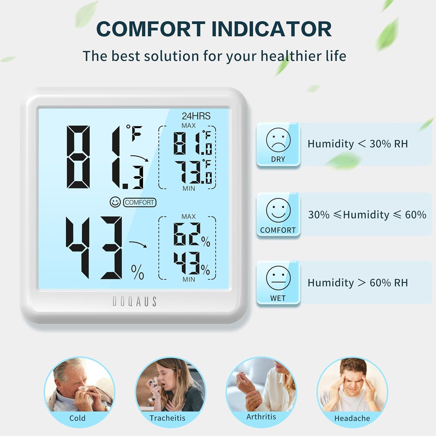Digital Hygrometer Indoor Thermometer for House, Room Thermometer with 3S Fast Refresh & Max Min Records, Temperature Monitor Humidity Meter with Backlight, White