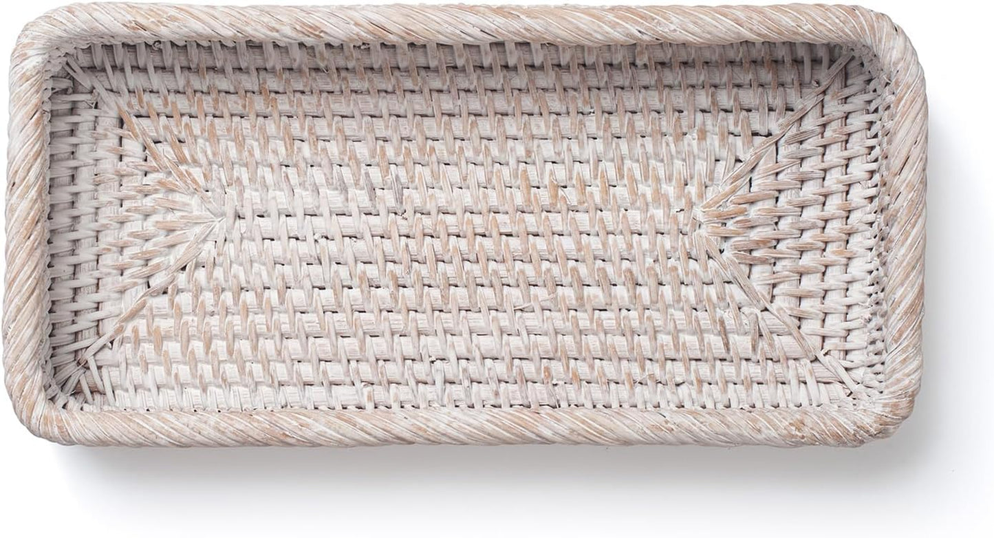 Rattan Bathroom Vanity Trays Toilet Tank Baskets Long Narrow Hand Towel Storage Basket for Storage, Decorative (Whitewash 10.2 X 4.9 X 1.6 Inch)