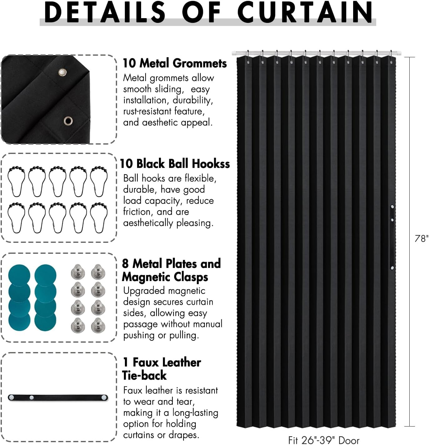 Halloween Accordion Style Magnetic Folding Door Curtains for Doorways/Closet, Room Divider Pleated Drapes with Hooks for Interior Living Room/Open Closet, Black, W42 X L78 Inches, 1 Panel