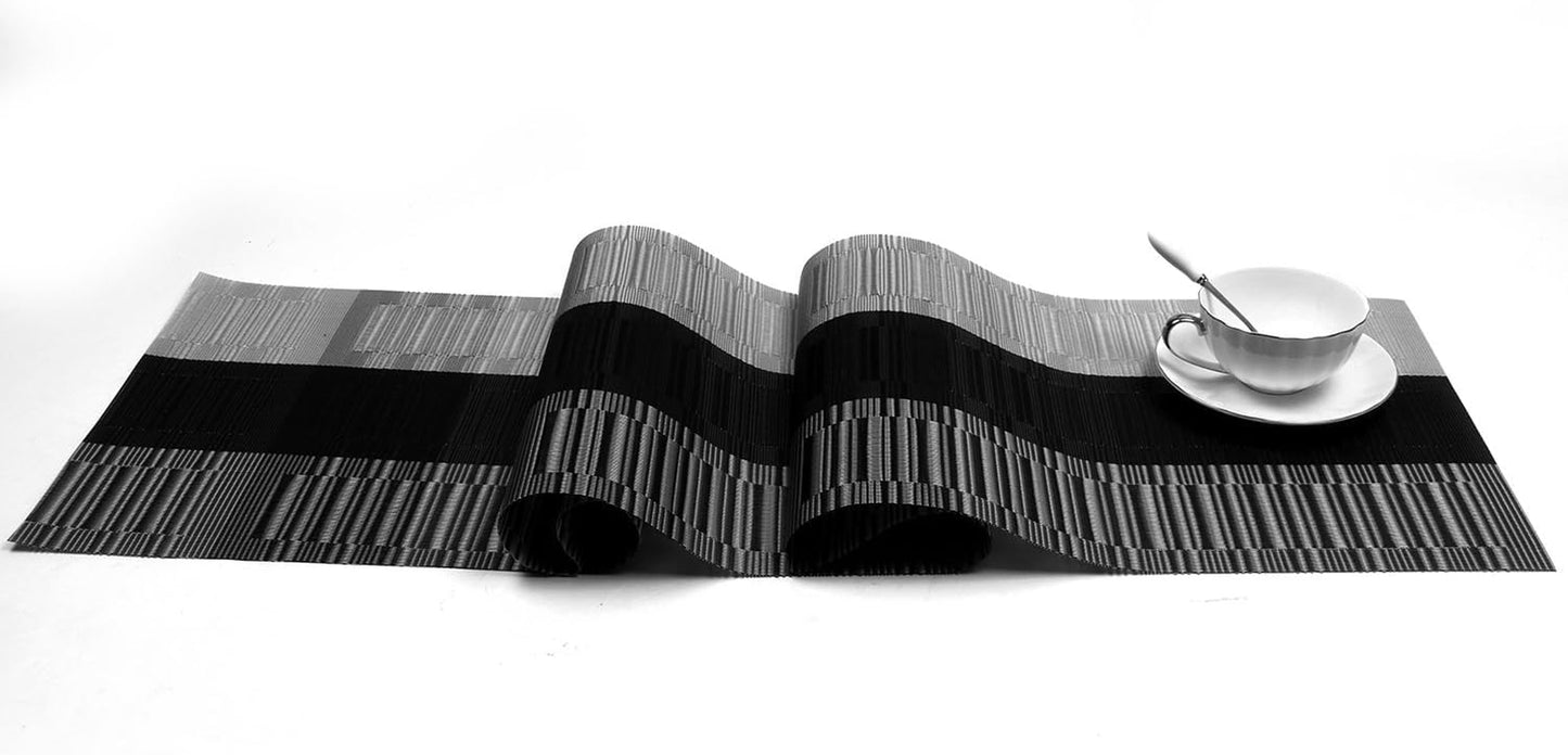Woven Vinyl Table Runners PVC Table Runners 12 X 36 Inch Wipe Clean Reversible Plastic Weave Tabletop Counter Decor Mats Indoor Outdoor, Ombre Black and Gray