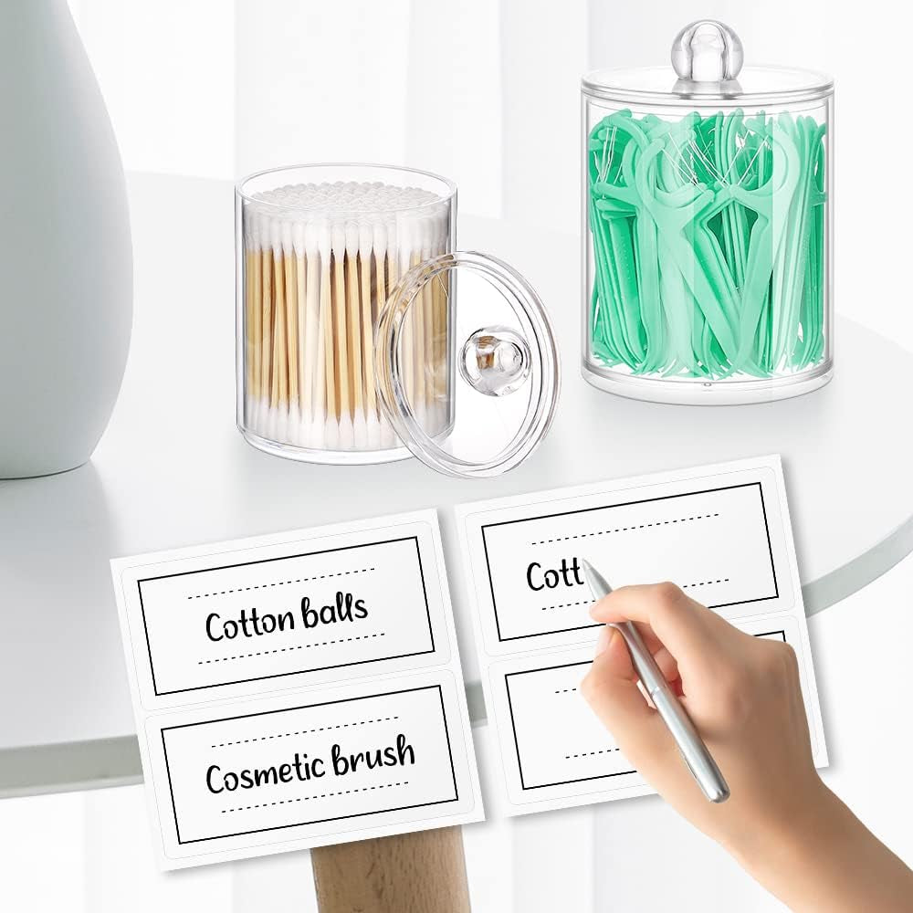 Qtip Holder Dispenser - 4 Pack 10Oz, 12Oz Clear Plastic Apothecary Jars Set - Restroom Bathroom Makeup Organizers Containers for Cotton Ball/Swab/Round Pads, Floss, Hair Ties, Bath Salt