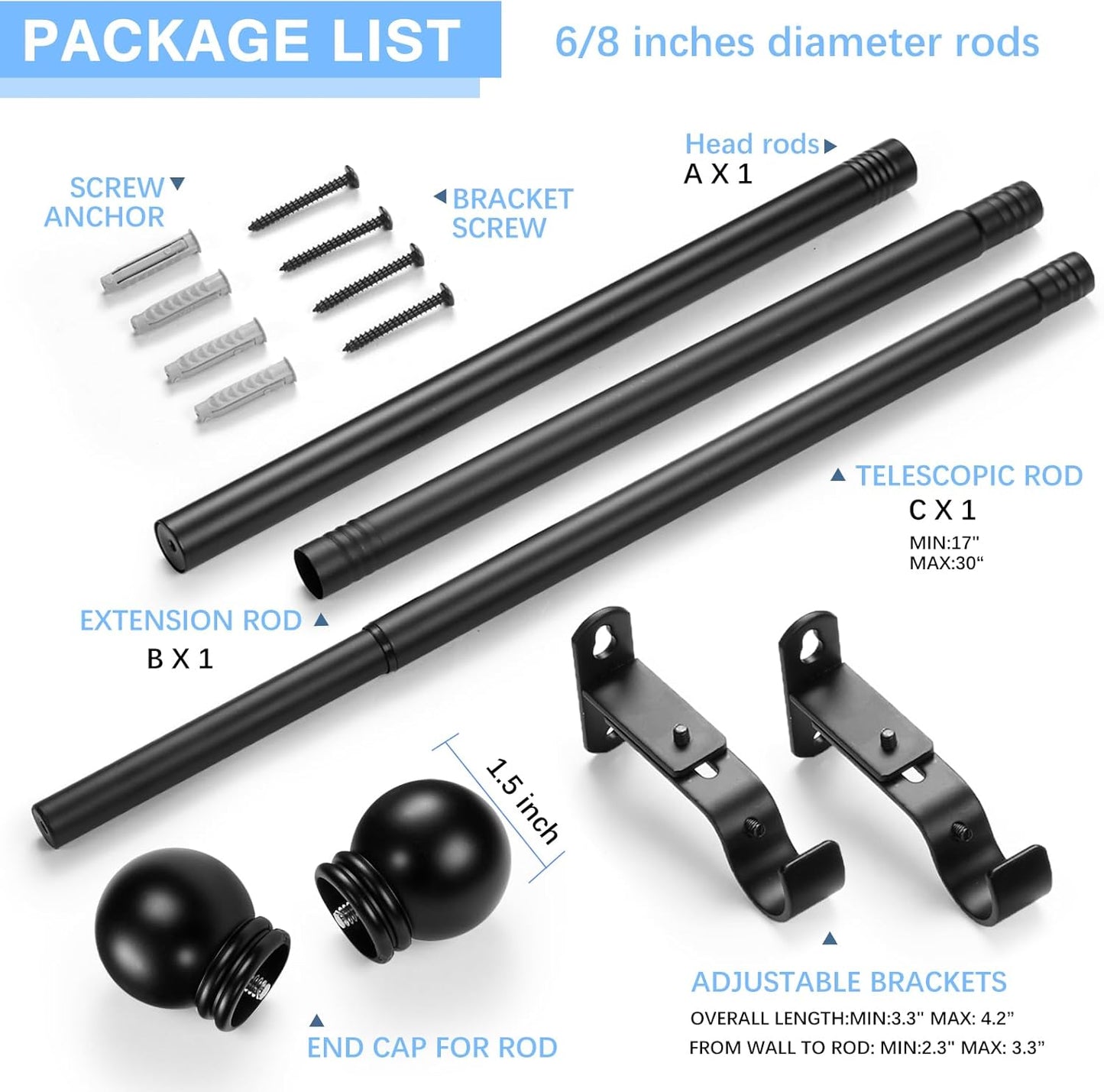 Curtain Rods for Windows 16 to 48 Inches, Curtain Rod Max Adjustable Length of 60 IN, 6/8" Diameter Drapery Rods round Finials, Black, Pack of 1