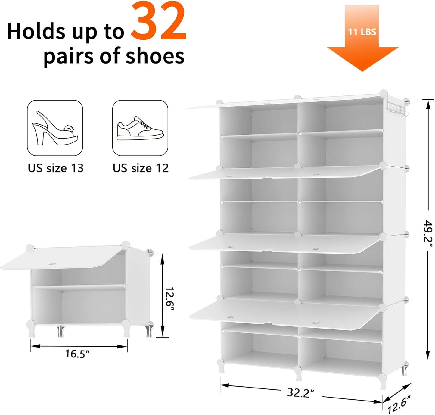 Shoe Rack, 8 Tier Shoe Storage Cabinet with Door, 32 Pair Shoe Organizer Shelves for Closet Hallway Bedroom Entryway, White