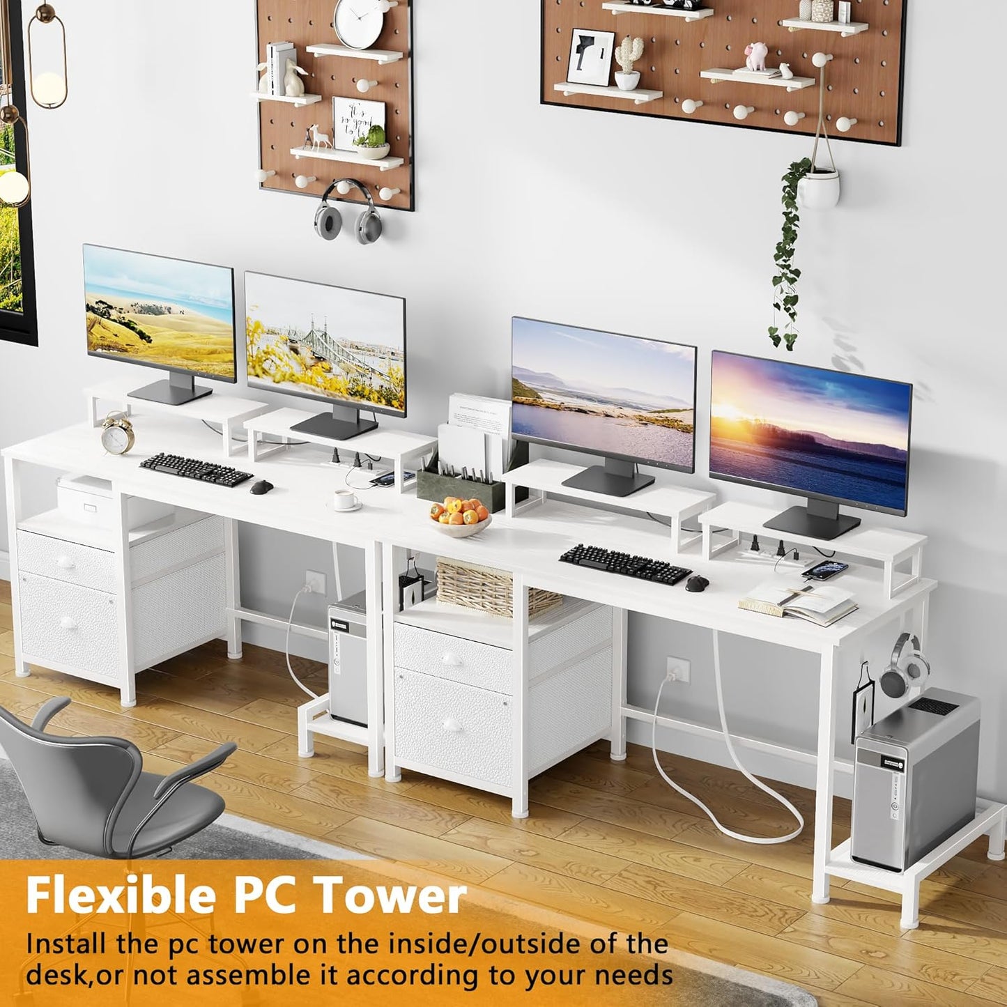 47" Computer Desk with File Cabinet and Power Outlets, Home Office Desk with 2 Monitor Stands and Storage Drawer, Writing Gaming Table with Shelves and 2 Hooks for Bedroom, White