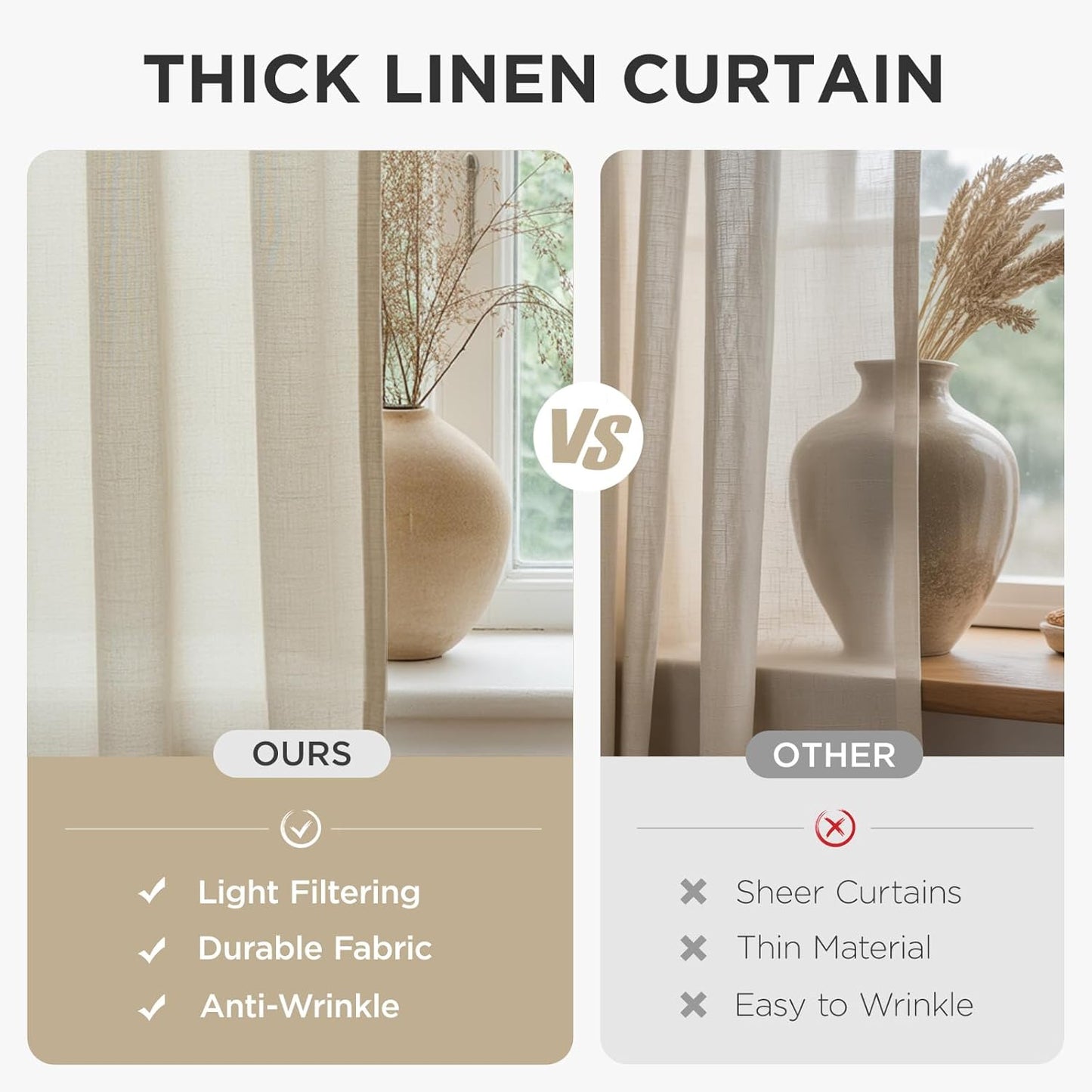 Linen Curtains 96-Inch Length, 2-Panel Set, Light Filtering Drapes for Living Room and Bedroom, 52-Inch Width with Rod Pocket and Back Tab (Ivory on Linen)