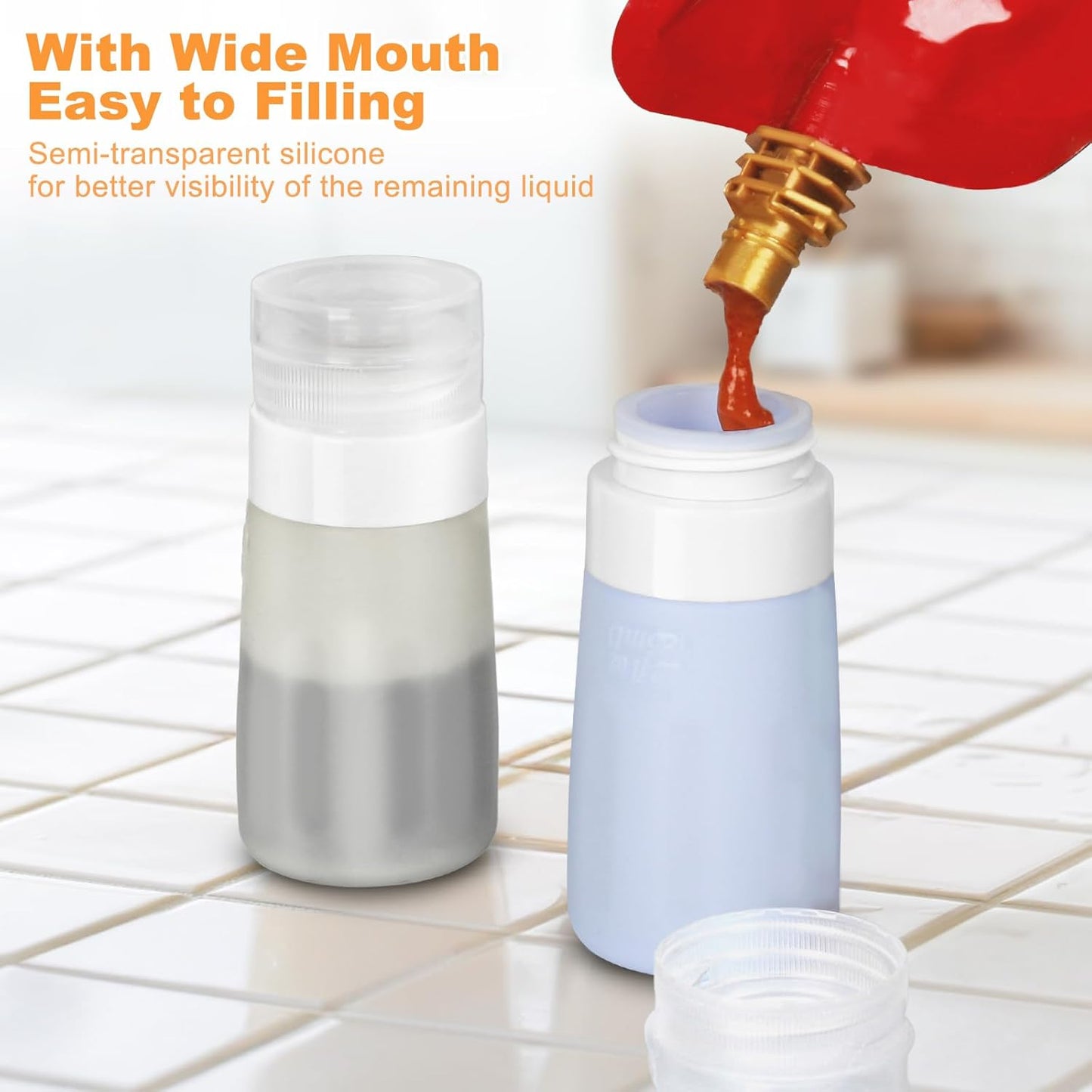 Salad Dressing Container to Go, 4 Pack Condiment Squeeze Bottles for Sauces, Mini Silicone Liquids Containers for Bento Lunch Box, Travel Bottles for Toiletries Refillable with 2 Extra Caps+Brush, 2Oz