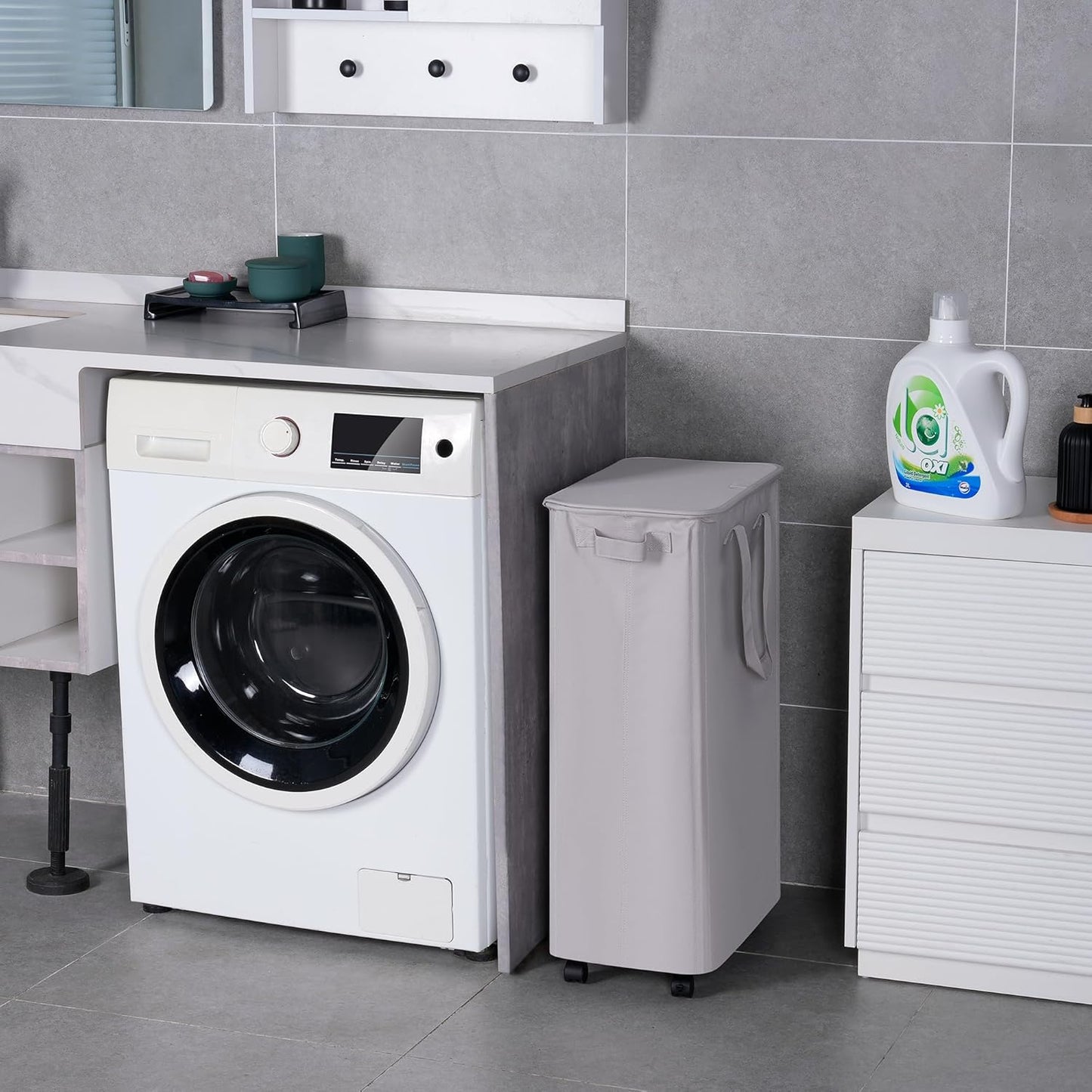 Slim Laundry Hamper with Lid and Wheels, Small Rolling Laundry Basket with Handle for Small Spaces, Tall Dirty Clothes Hampers for Dorm, Bathroom and Bedroom, 75L, Grey