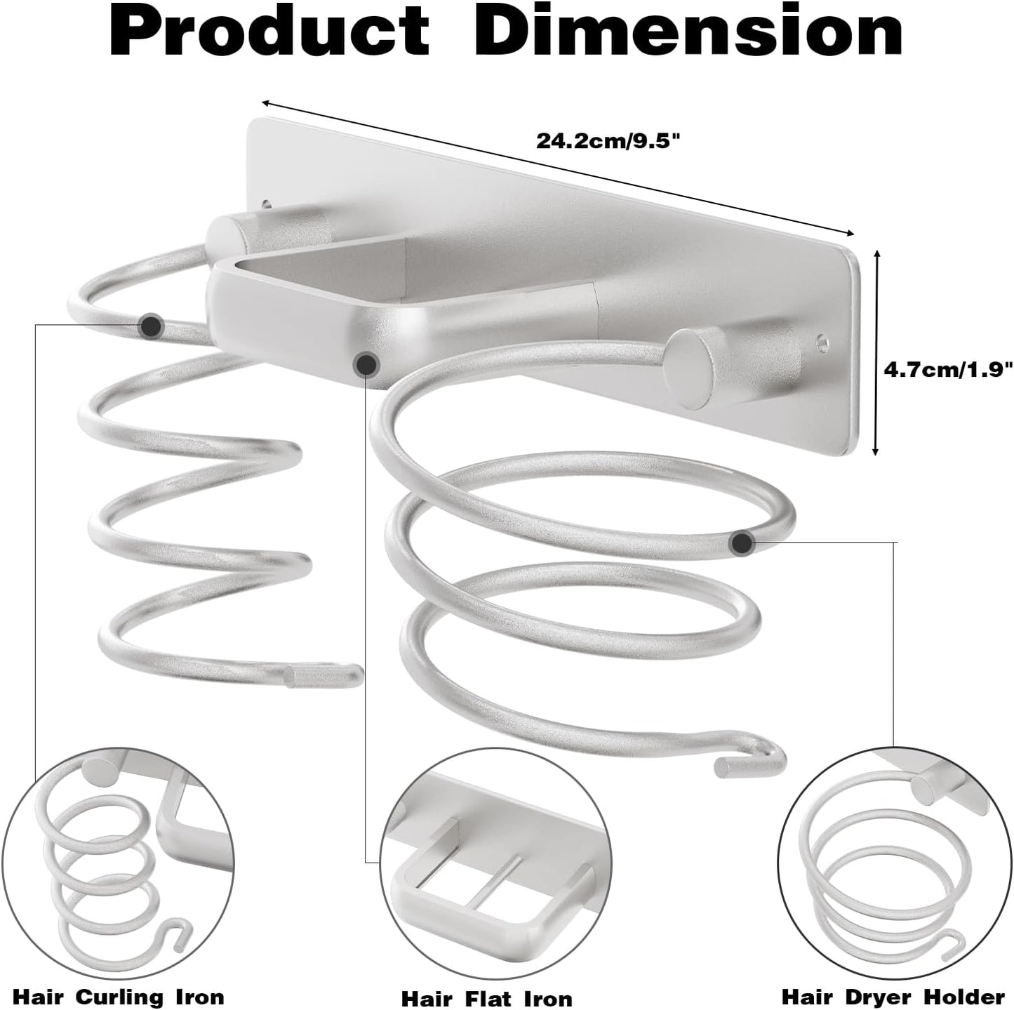 3-in-1 Wall-Mounted Hair Tool Organizer for Blow Dryer, Flat Iron, and Curling Iron - Silver Finish