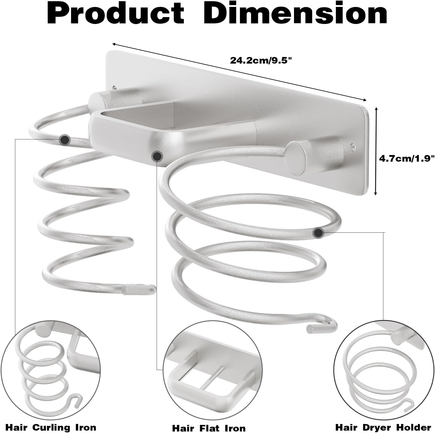 3-in-1 Wall-Mounted Hair Tool Organizer for Blow Dryer, Flat Iron, and Curling Iron - Silver Finish