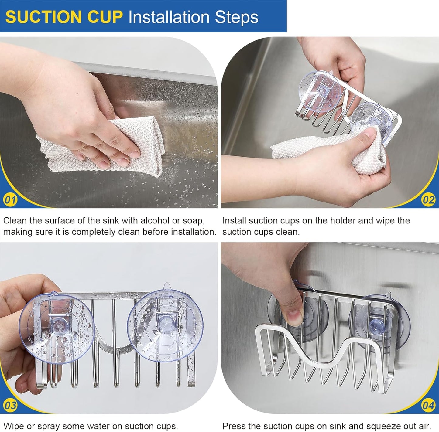 Sponge Holder with Suction Cups - Sink Caddy Organizer for Sponges, Scrubbers, Dish Brush, Soap - Bathroom & Kitchen Accessories - 304 Stainless Steel, Neverrust