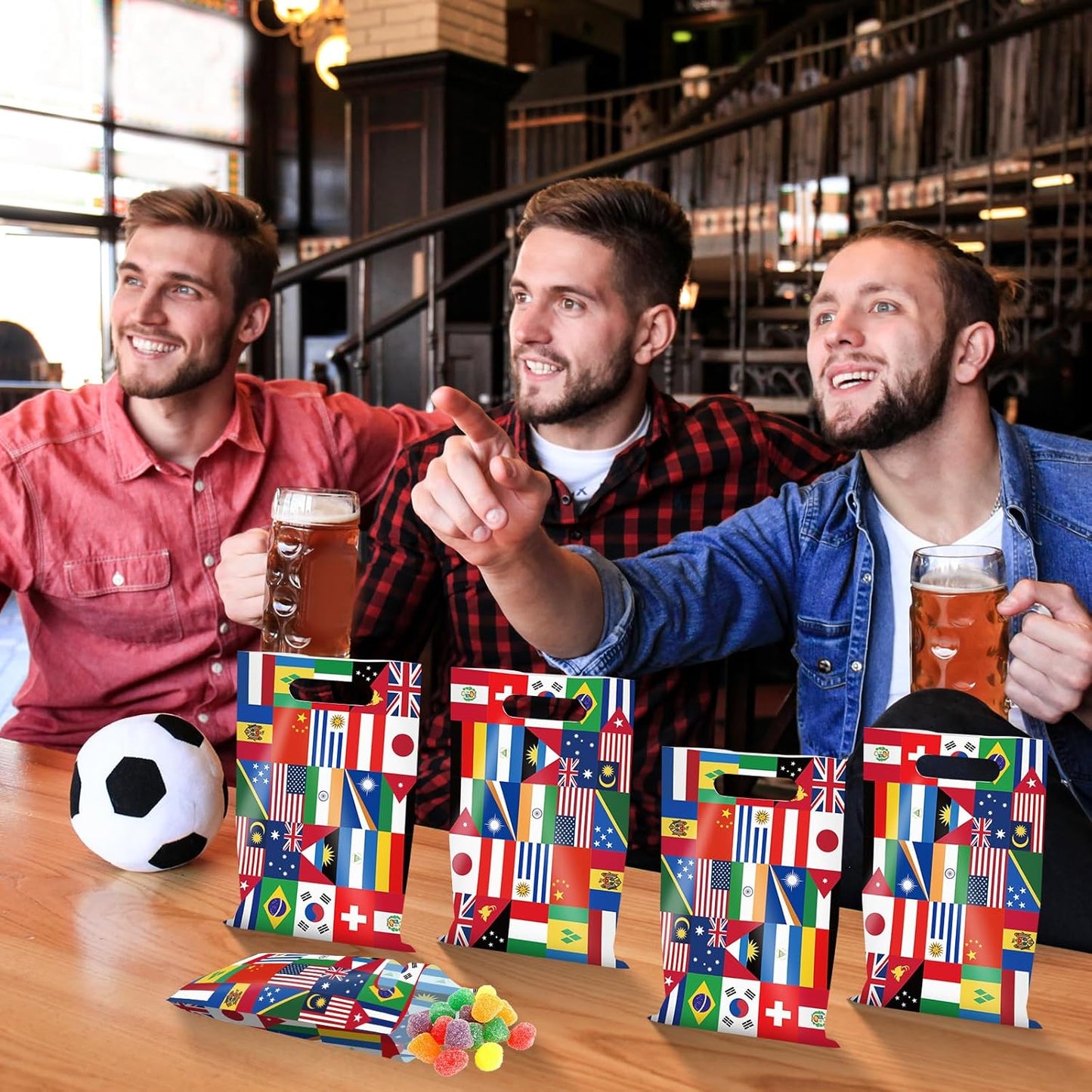 50 Pcs International Flag Plastic Gift Bags,World Flags Treat Goodie Bags with Handle for Soccer Sports Party Celebration School Party Decorations,6.7X 10 Inches