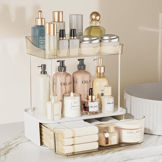 3-Tier Bathroom Counter Organizer with Drawer, Multi-Purpose Makeup Organizer Countertop for Vanity, Large Cosmetic Display Case Perfume Tray Skincare Organizers, Amber