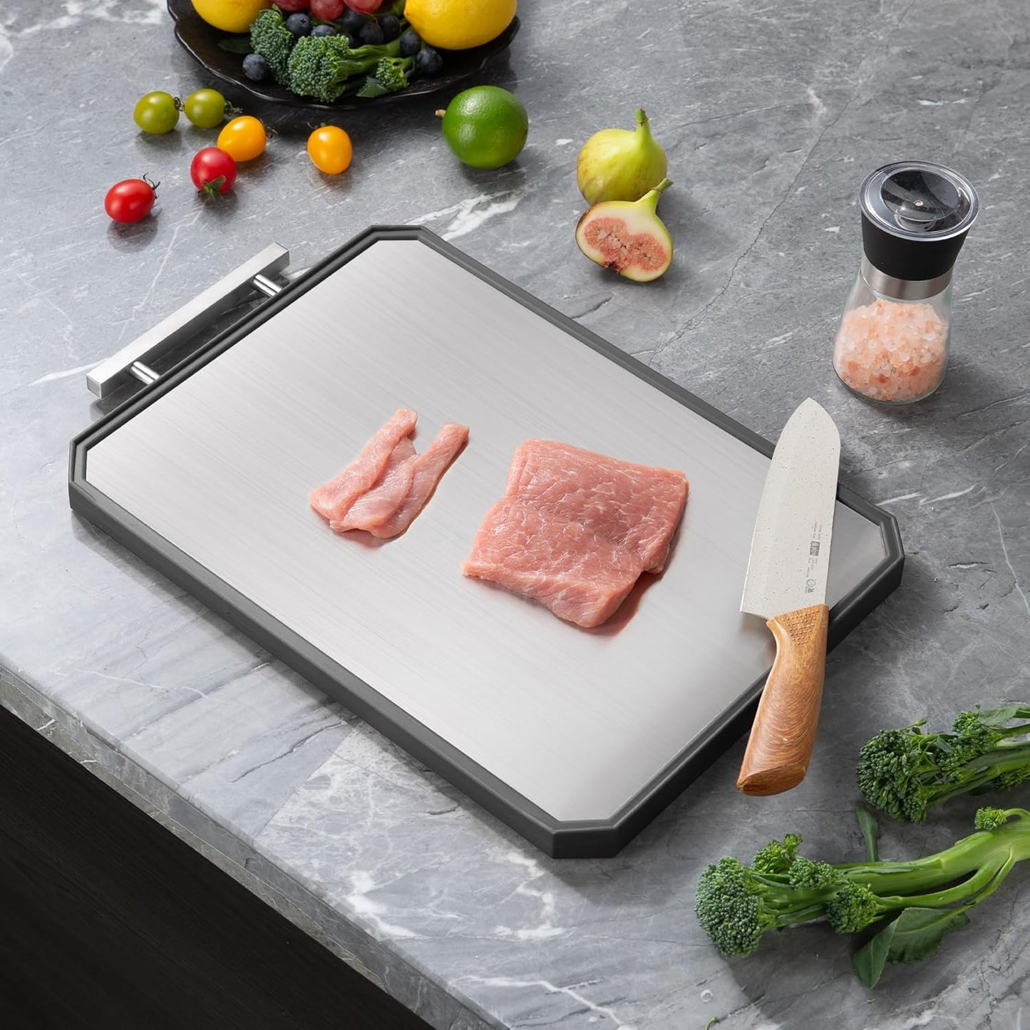 2 in 1 Stainless Steel Cutting Board with Handle Chopping Large Big Small Metal Carving Kitchen Meat Butcher Block Not Titanium Wood Bamboo Glass Marble Stone Rubber Plastic Silicone Acrylic Teak Sink