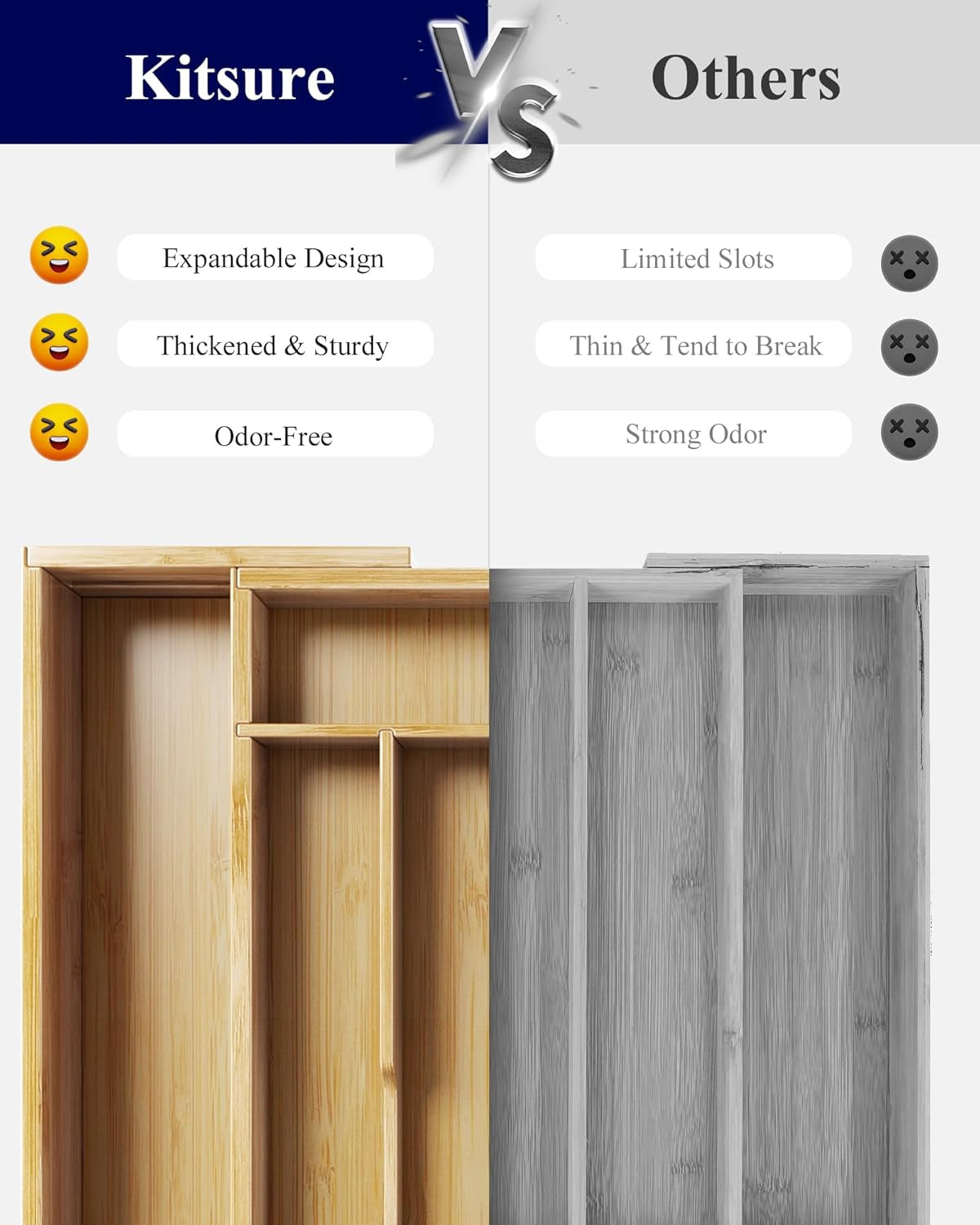 Large Thickened Silverware Organizer - Expandable Bamboo Kitchen Drawer Organizer for Cooking Utensils and Cutlery, Sturdy Kitchen Organizers and Storage Solution, 18.5"×13.3"×1.8"