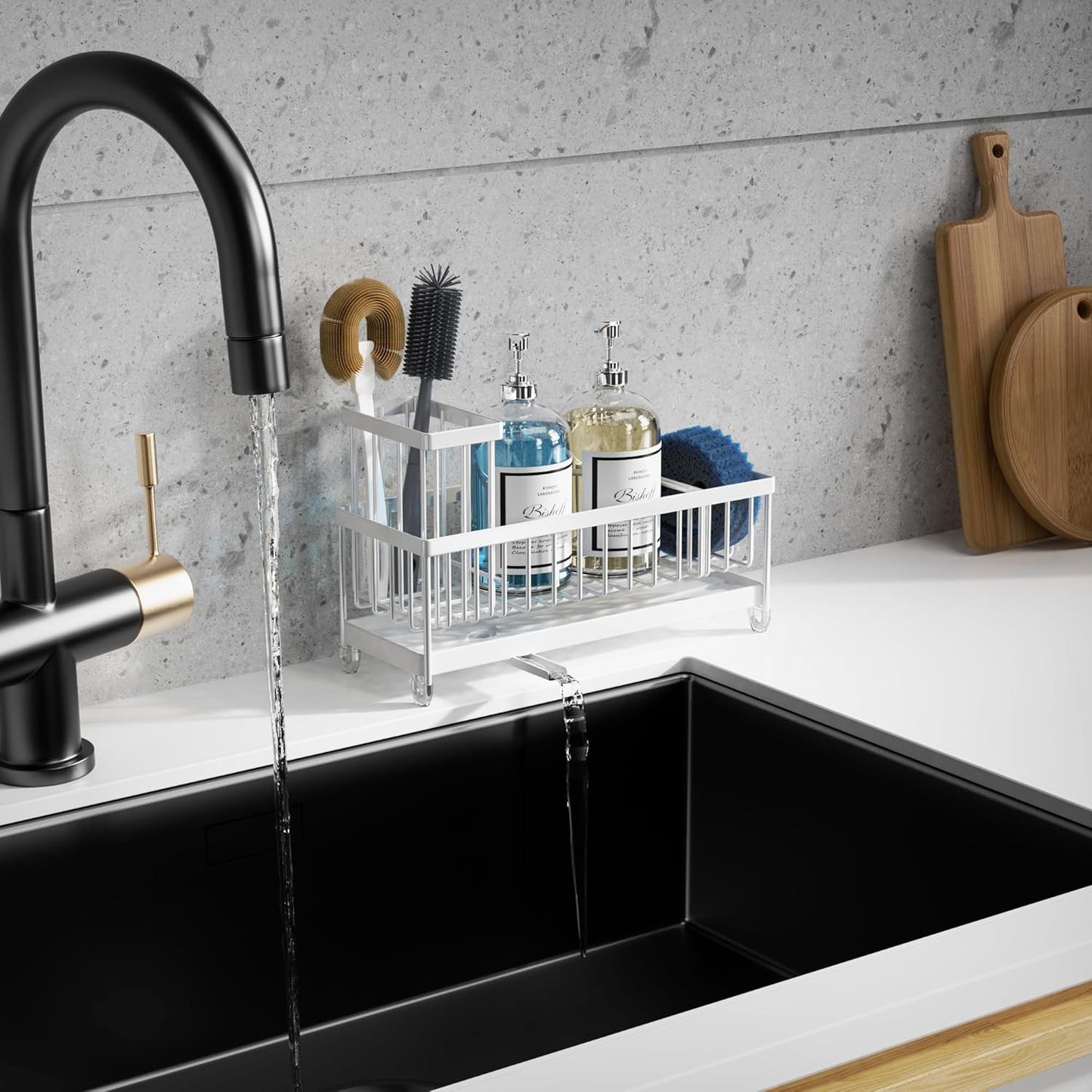 Extra Large Kitchen Sink Caddy, Rustproof Sponge Holder for Kitchen Sink with High Brush Holder, Stainless Steel White Kitchen Caddy Sink Countertop Organizer, Sponge Caddy for Kitchen Sink