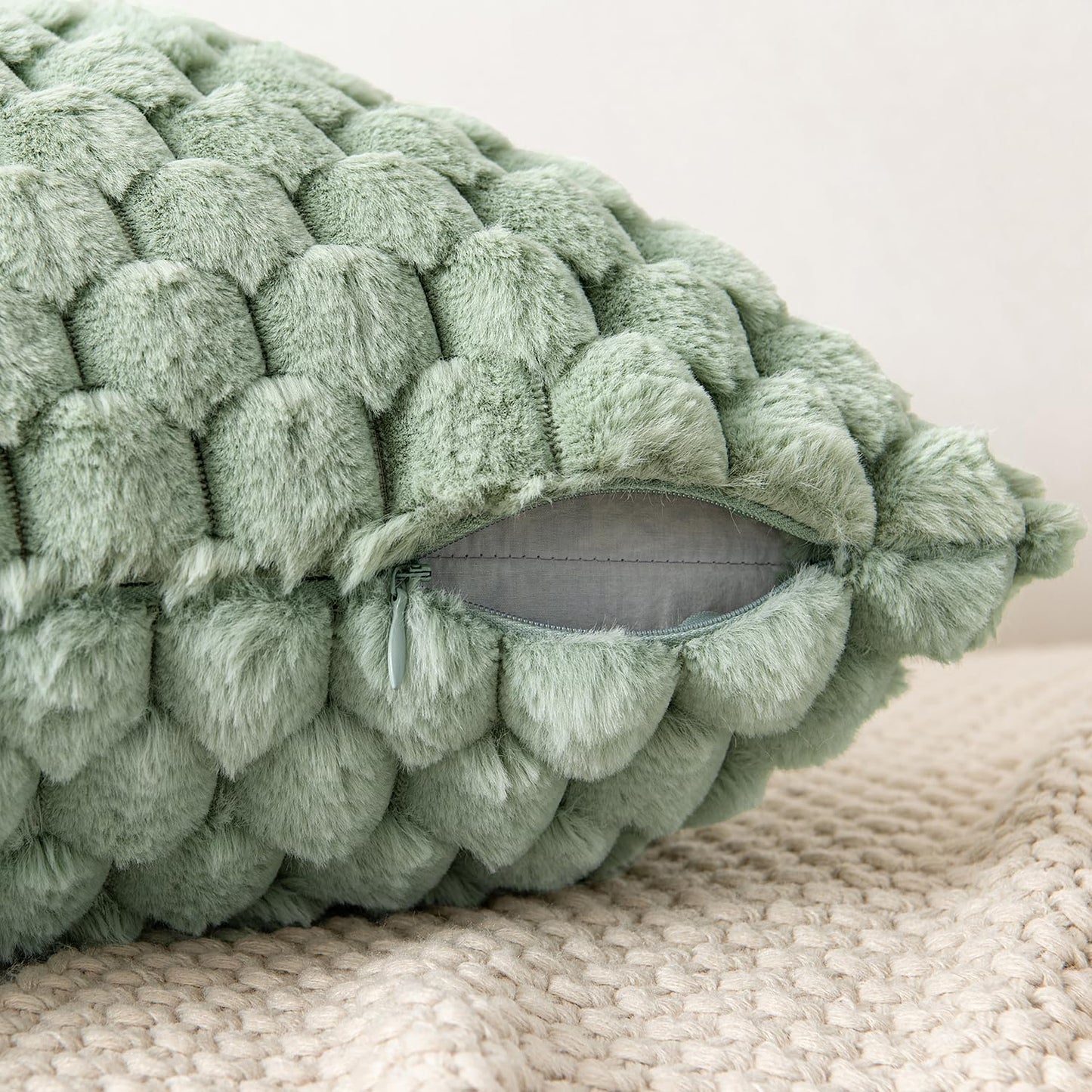 Sage Green Faux Fur Decorative Throw Pillow Covers 18X18 Inch Set of 2 Super Soft Cozy Plush Cushion Cases Luxury Fluffy Pillowcases for Sofa Couch Bed Living Room